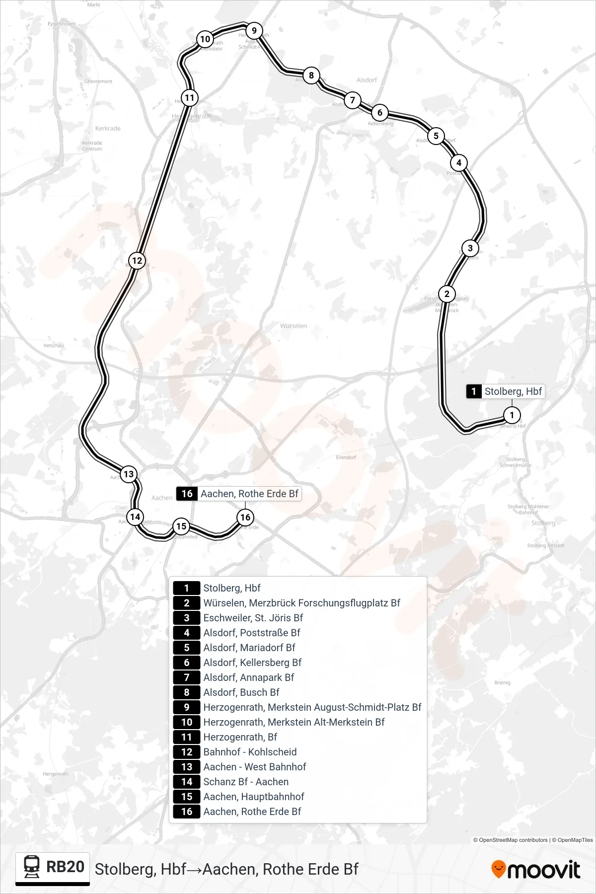 Linie RB20 (Bahn) Richtung Stolberg, Hbf→Aachen, Rothe Erde Bf: Route und Haltestellen auf der Karte