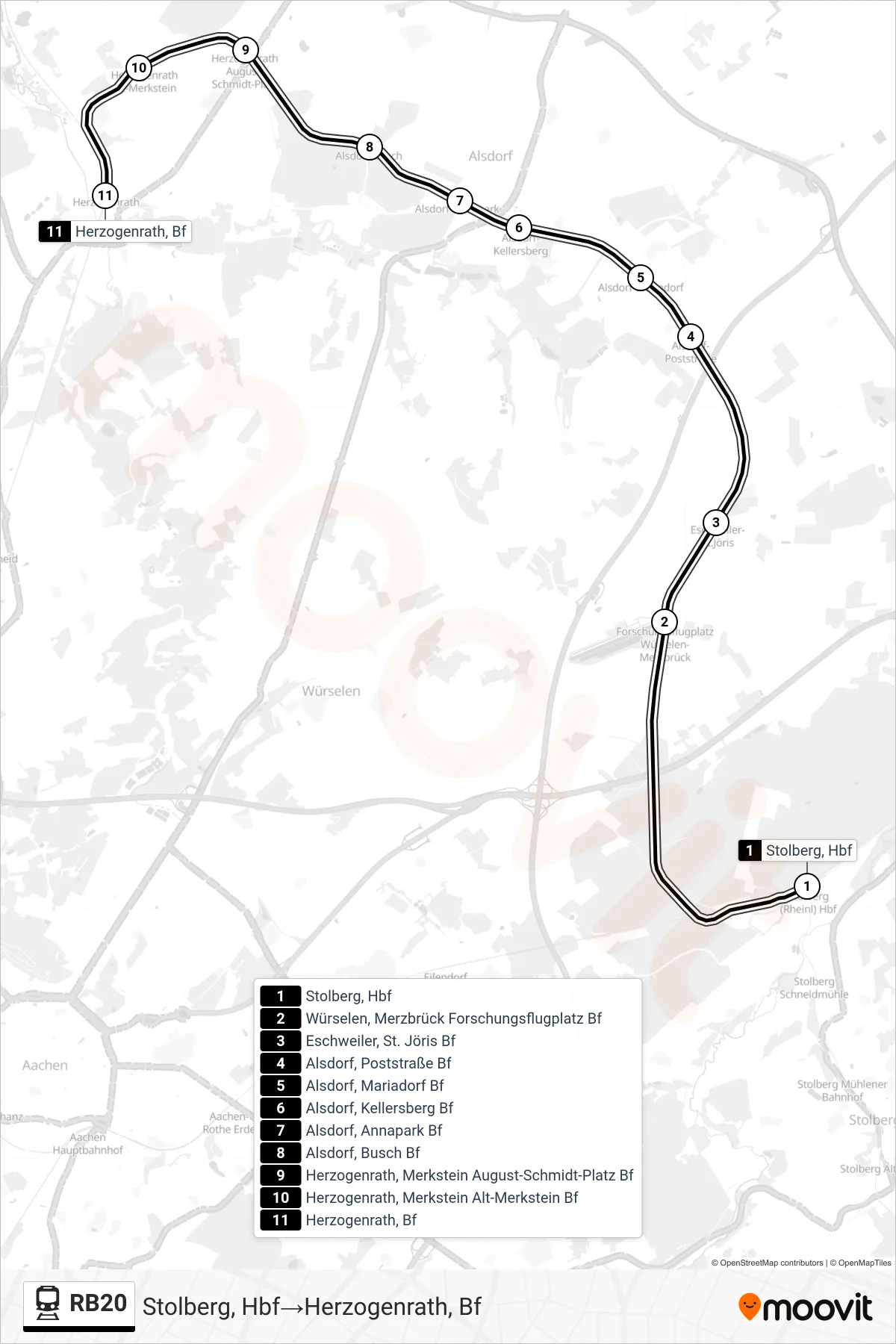 Linie RB20 (Bahn) Richtung Stolberg, Hbf‎→Herzogenrath, Bf: Route und Haltestellen auf der Karte