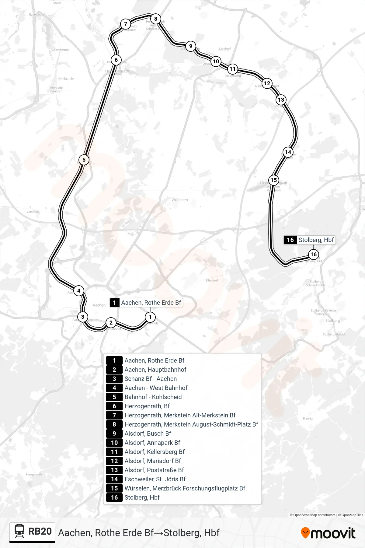 Linie RB20 (Bahn) Richtung Aachen, Rothe Erde Bf→Stolberg, Hbf: Route und Haltestellen auf der Karte