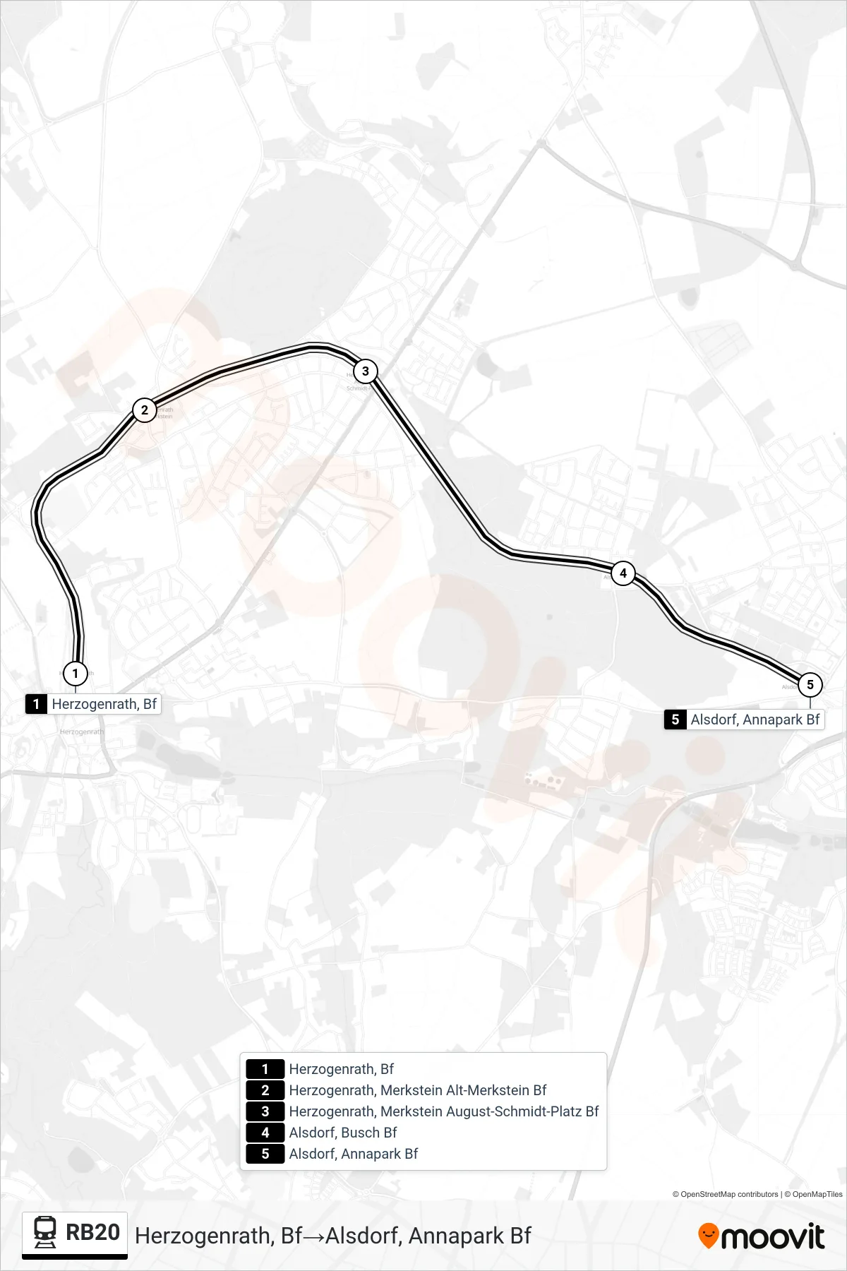Linie RB20 (Bahn) Richtung Herzogenrath, Bf‎→Alsdorf, Annapark Bf: Route und Haltestellen auf der Karte