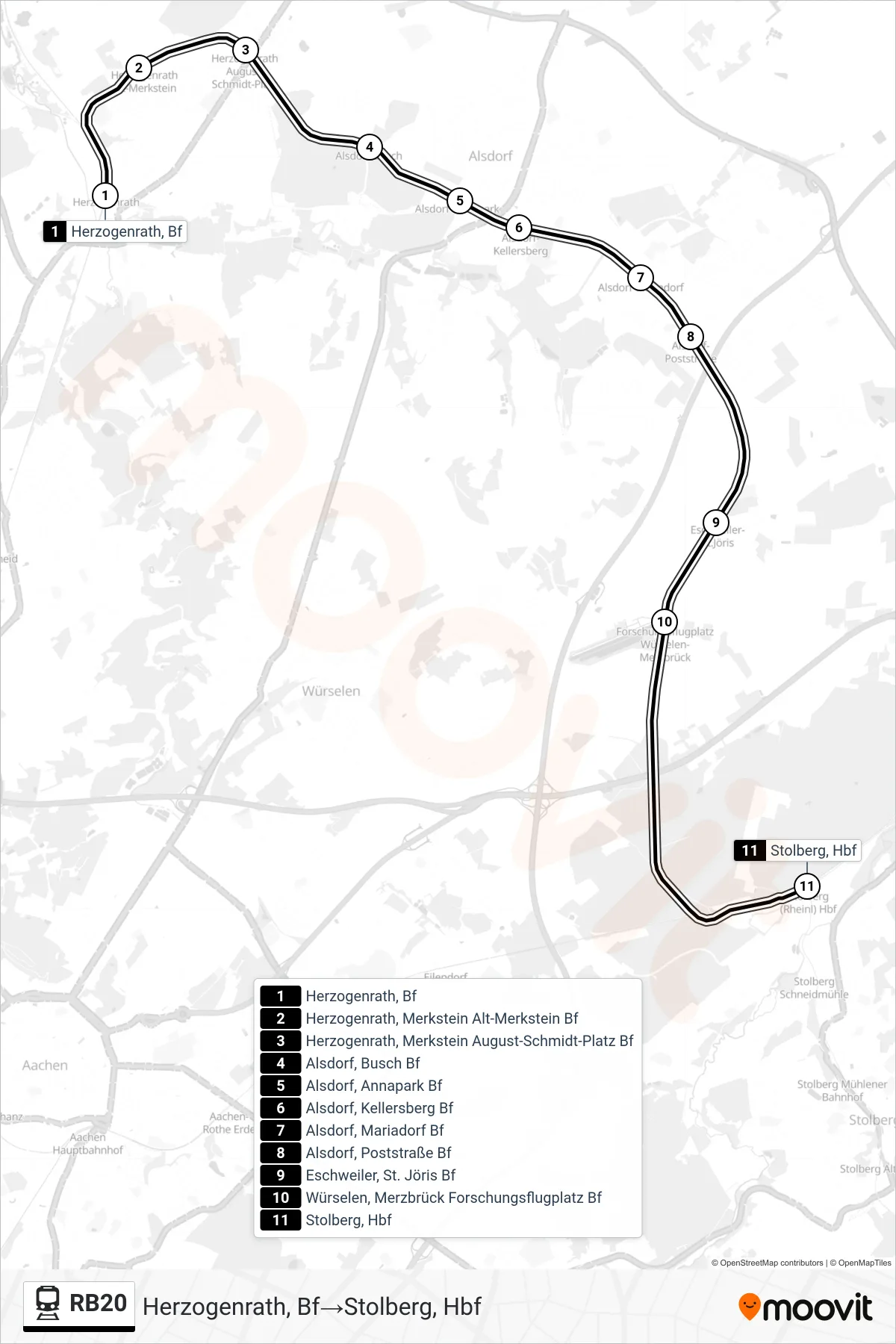 Linie RB20 (Bahn) Richtung Herzogenrath, Bf‎→Stolberg, Hbf: Route und Haltestellen auf der Karte