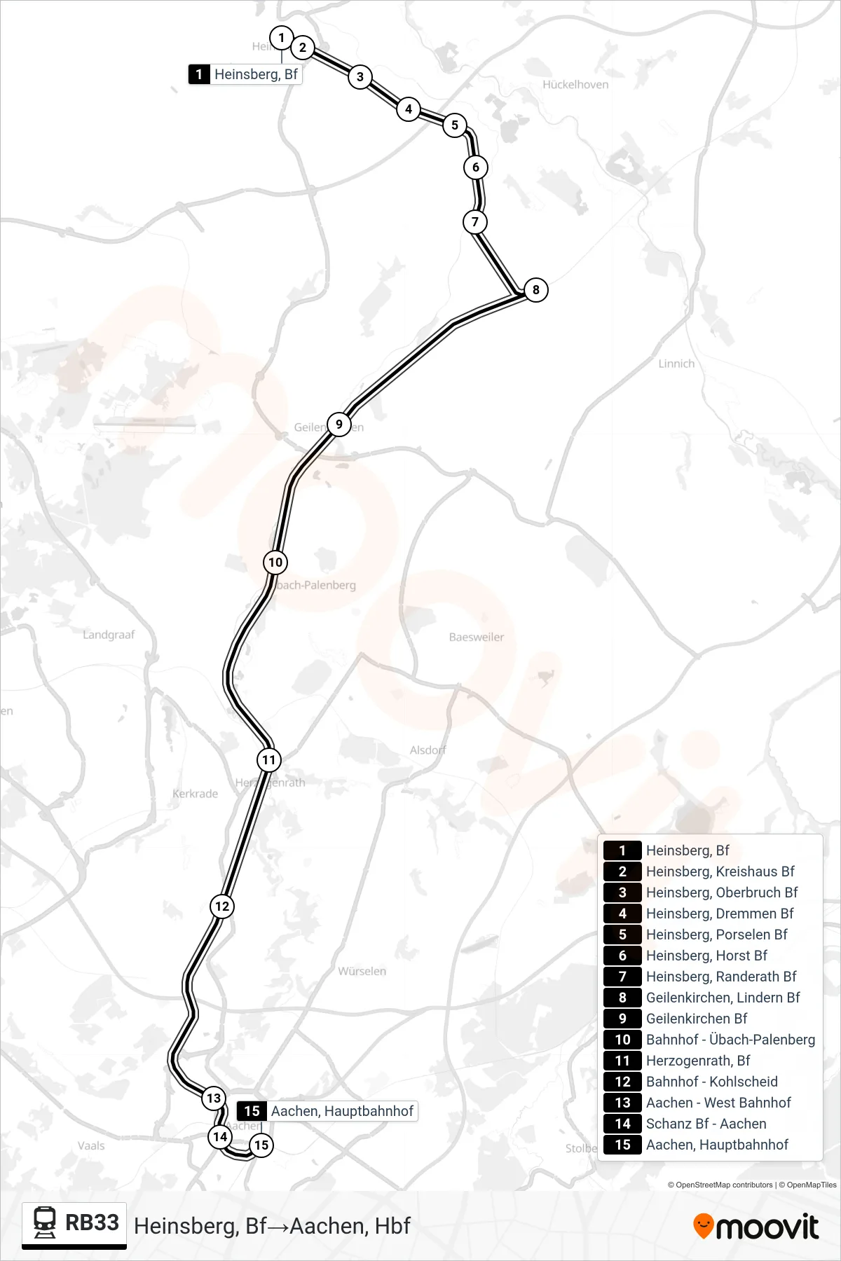 Linie RB33 (Bahn) Richtung Heinsberg, Bf‎→Aachen, Hbf: Route und Haltestellen auf der Karte