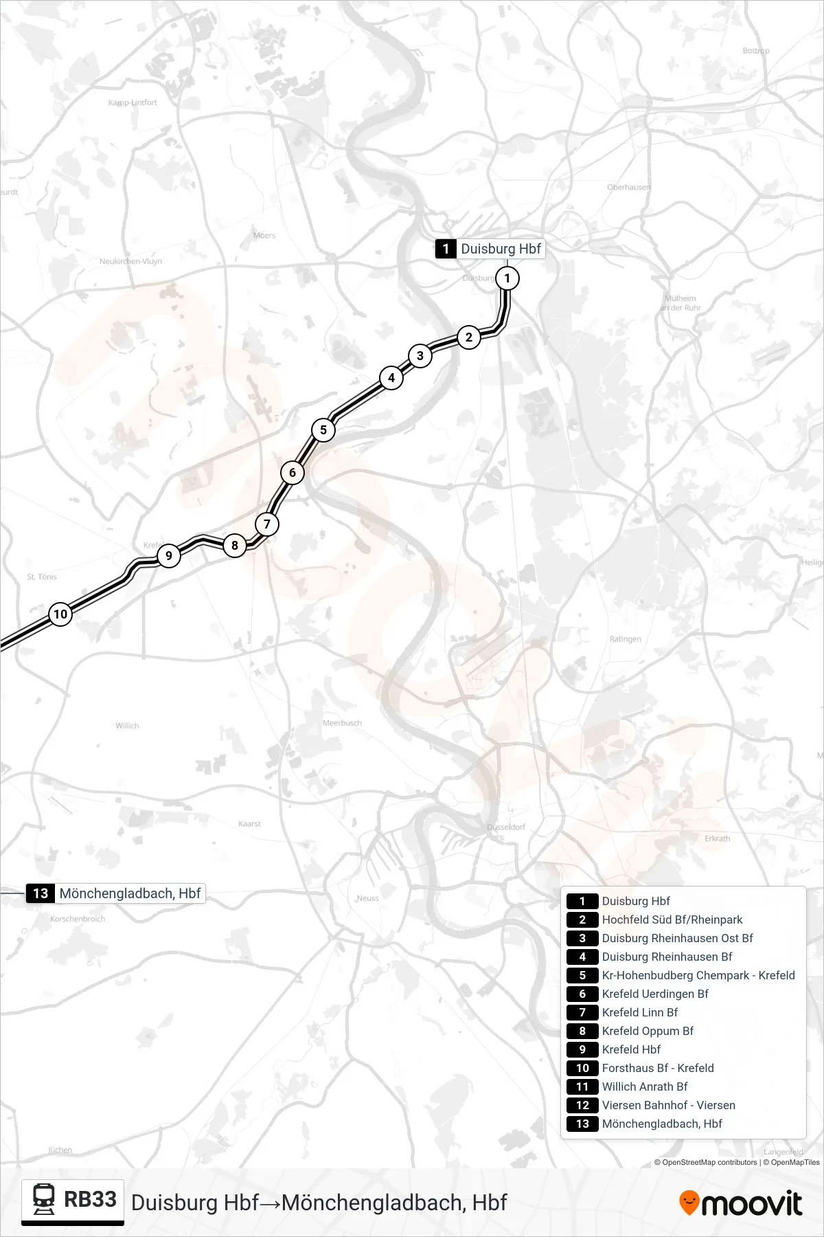 Linie RB33 (Bahn) Richtung Duisburg Hbf‎→Mönchengladbach, Hbf: Route und Haltestellen auf der Karte