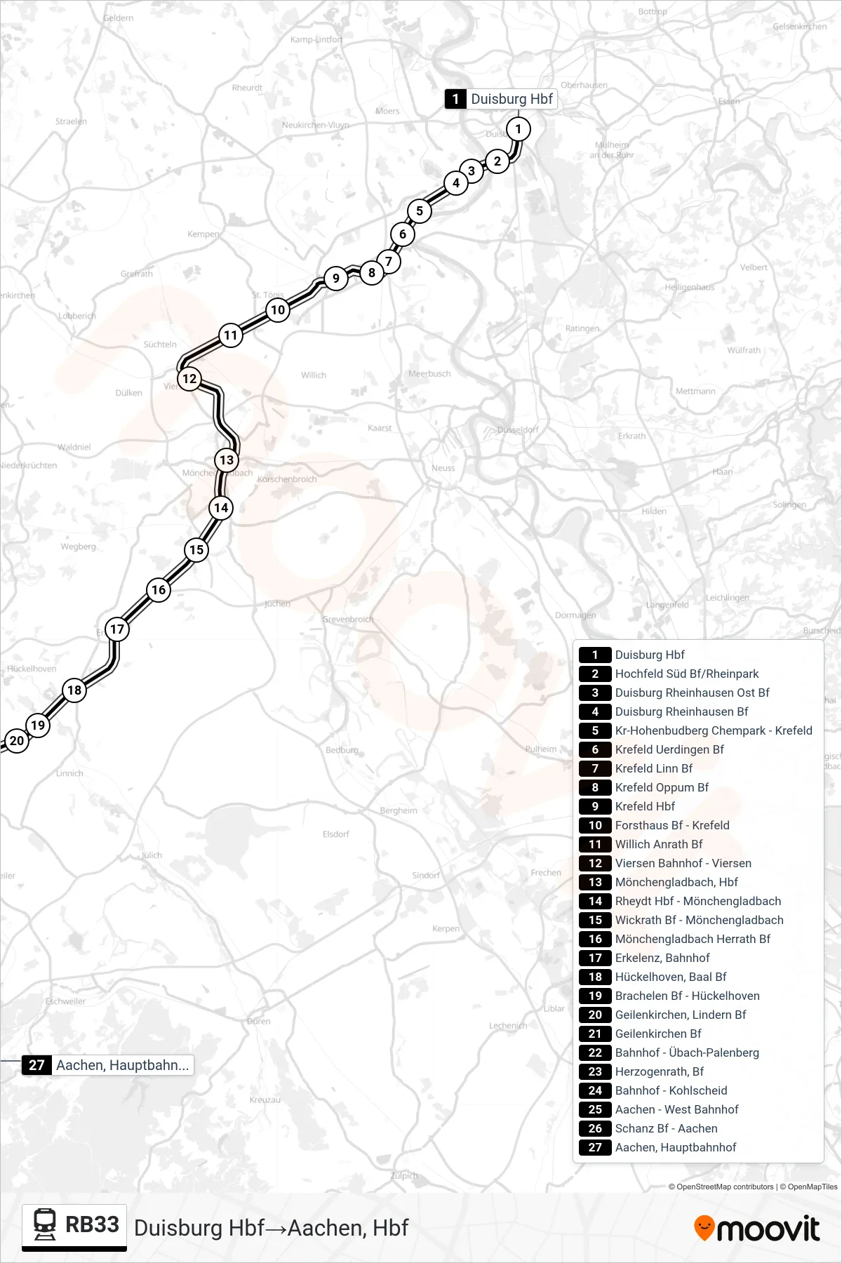 RB33 rail Line (Duisburg Hbf→Aachen, Hbf) route and stops on a map