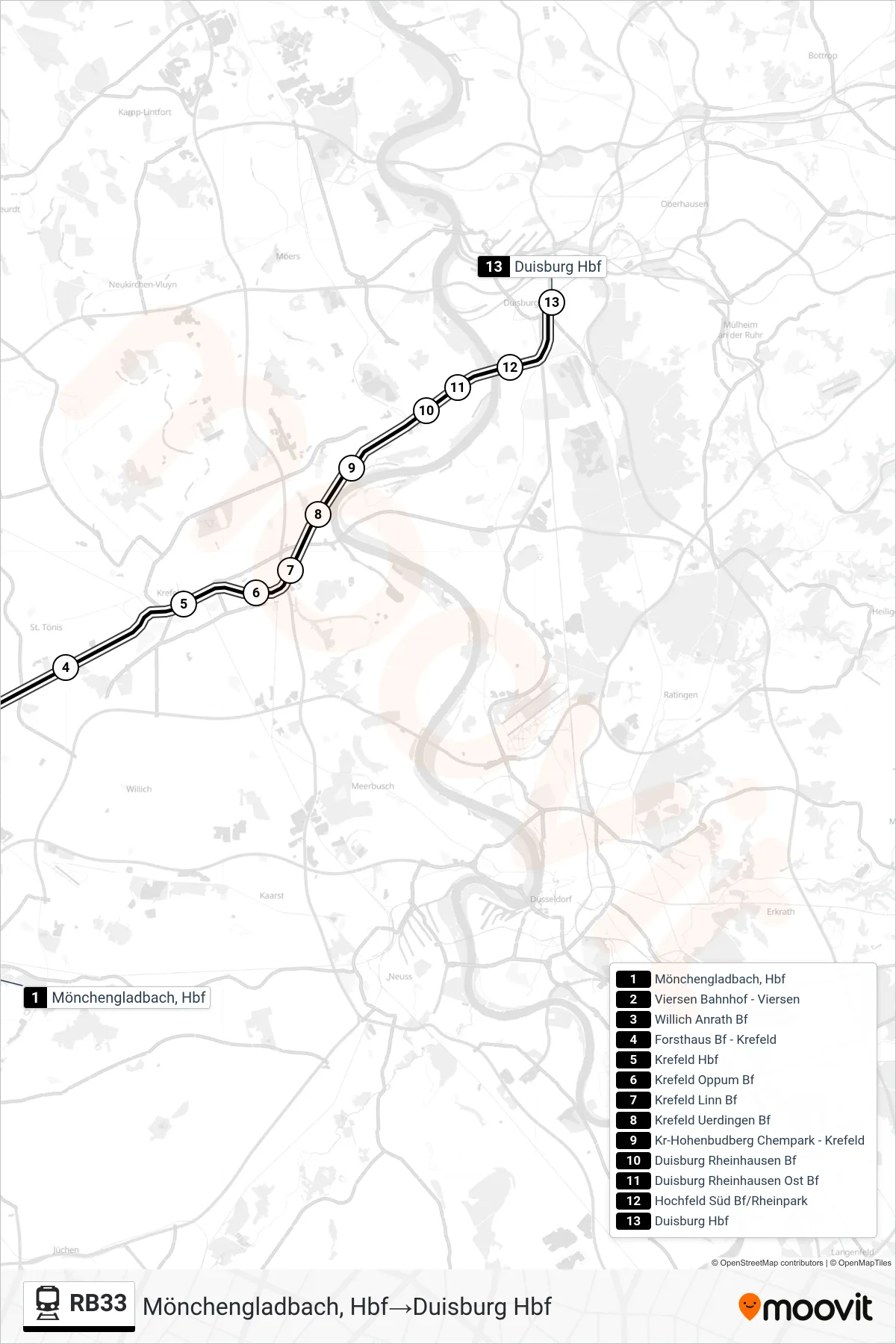 Linie RB33 (Bahn) Richtung Mönchengladbach, Hbf→Duisburg Hbf: Route und Haltestellen auf der Karte