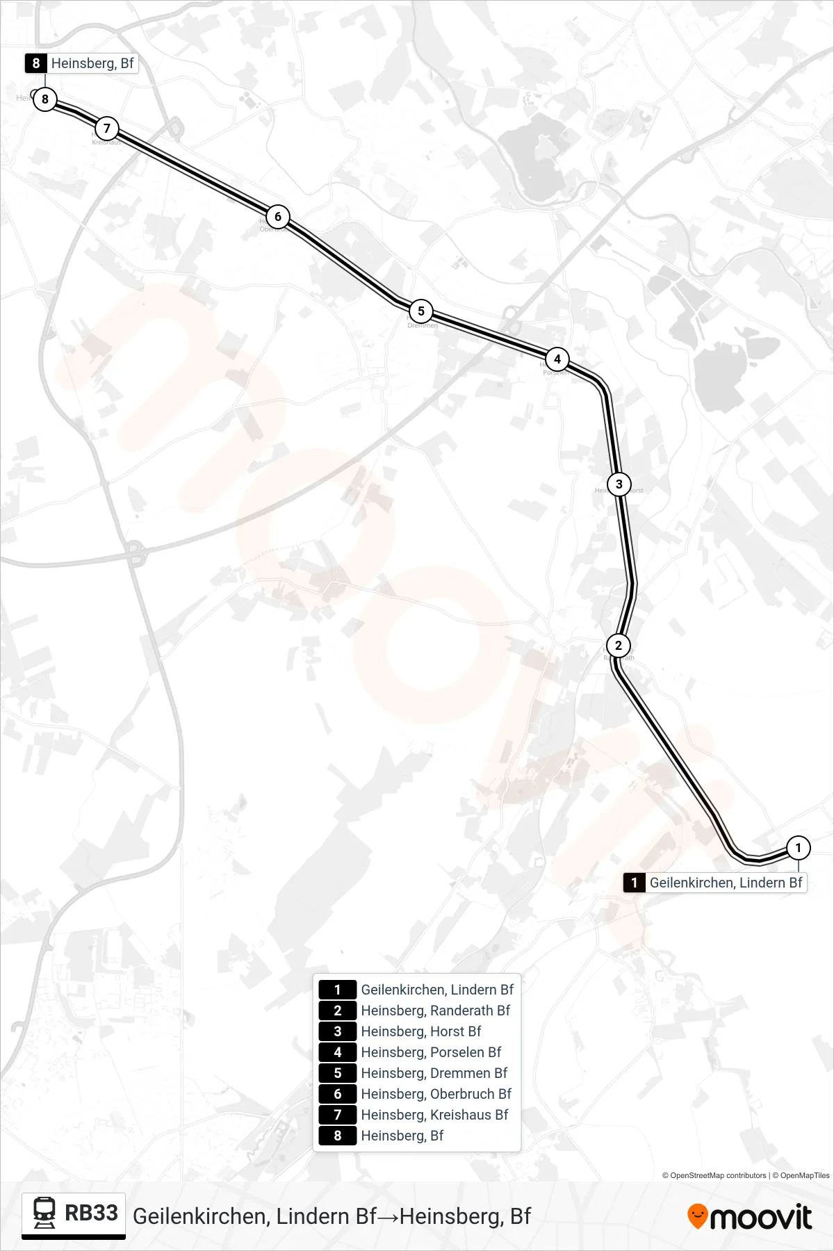 Linie RB33 (Bahn) Richtung Geilenkirchen, Lindern Bf‎→Heinsberg, Bf: Route und Haltestellen auf der Karte