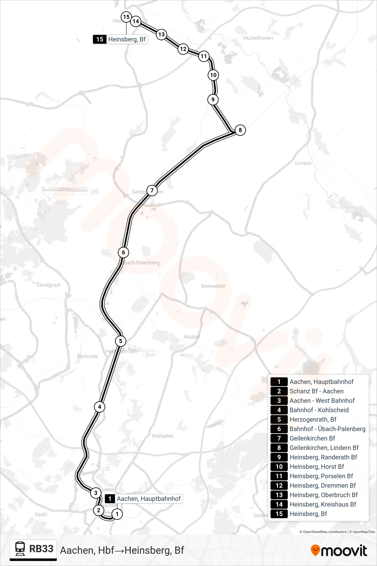 Linie RB33 (Bahn) Richtung Aachen, Hbf‎→Heinsberg, Bf: Route und Haltestellen auf der Karte