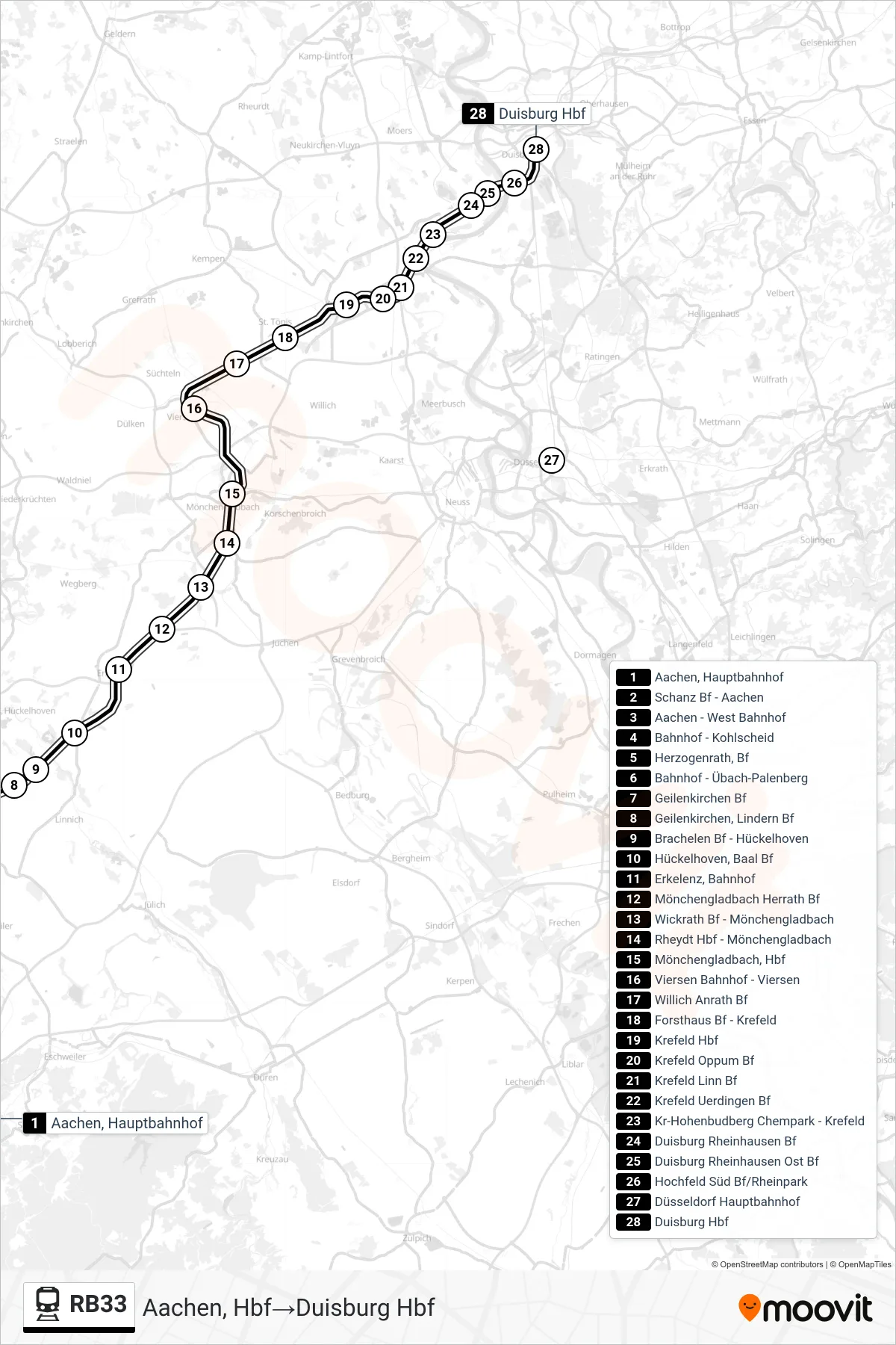 Linie RB33 (Bahn) Richtung Aachen, Hbf‎→Duisburg Hbf: Route und Haltestellen auf der Karte