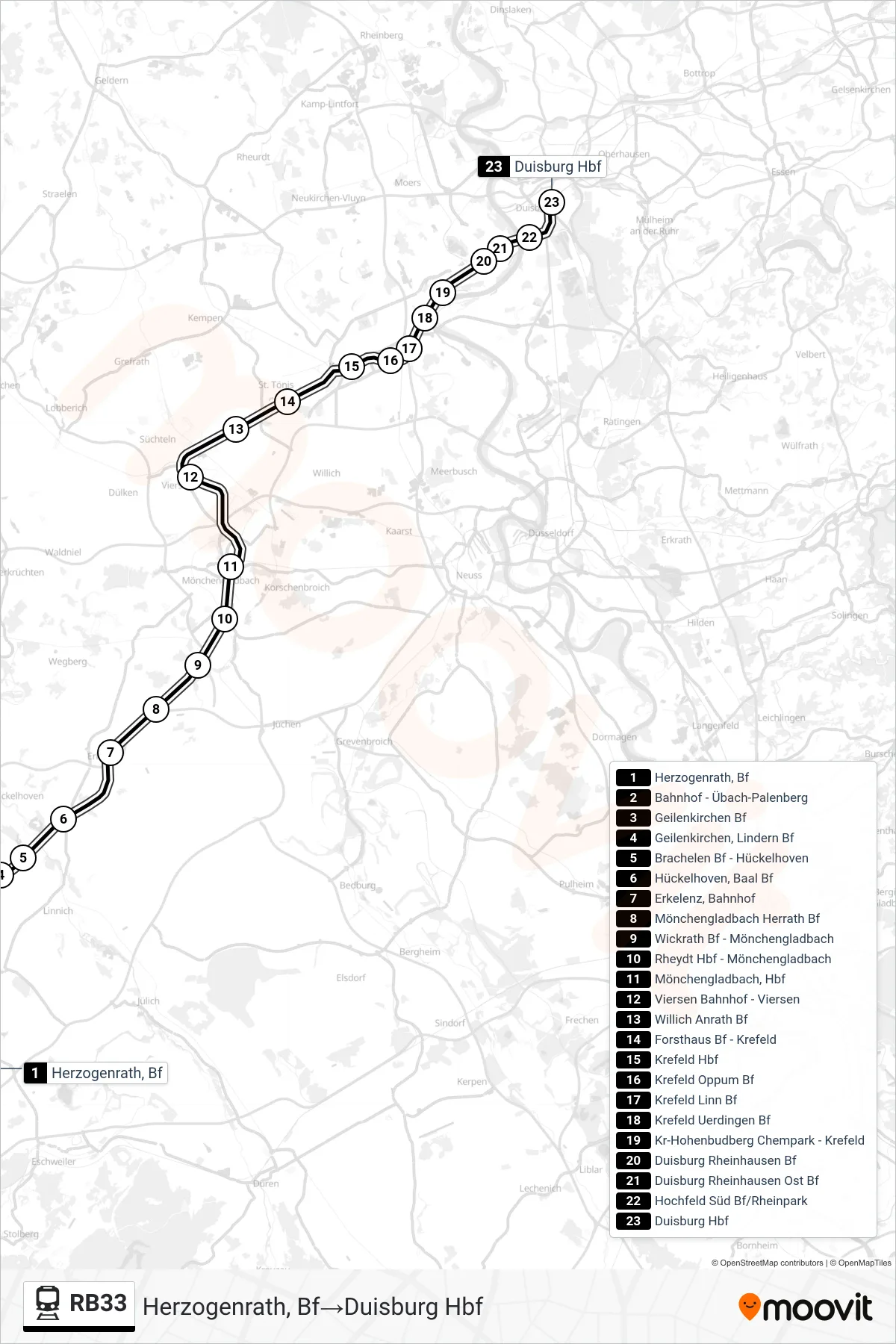 Linie RB33 (Bahn) Richtung Herzogenrath, Bf‎→Duisburg Hbf: Route und Haltestellen auf der Karte