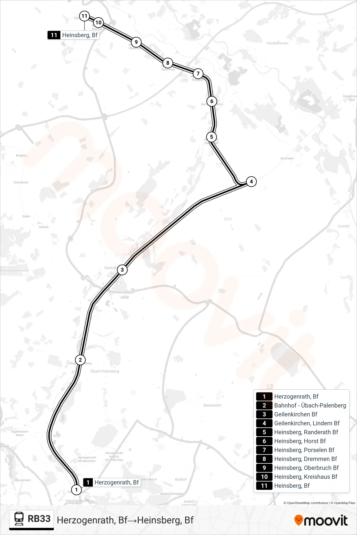 Linie RB33 (Bahn) Richtung Herzogenrath, Bf‎→Heinsberg, Bf: Route und Haltestellen auf der Karte
