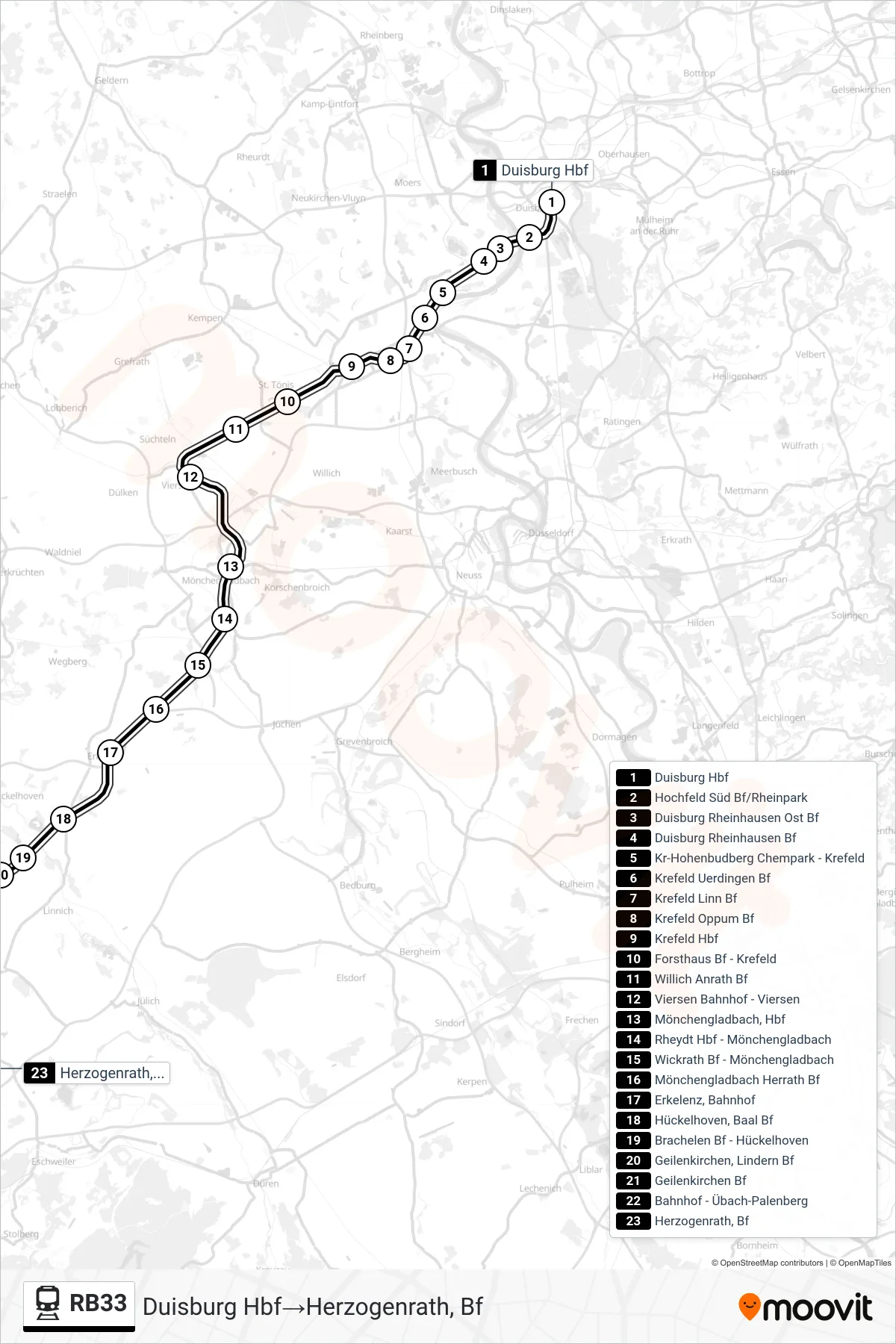 Linie RB33 (Bahn) Richtung Duisburg Hbf→Herzogenrath, Bf: Route und Haltestellen auf der Karte