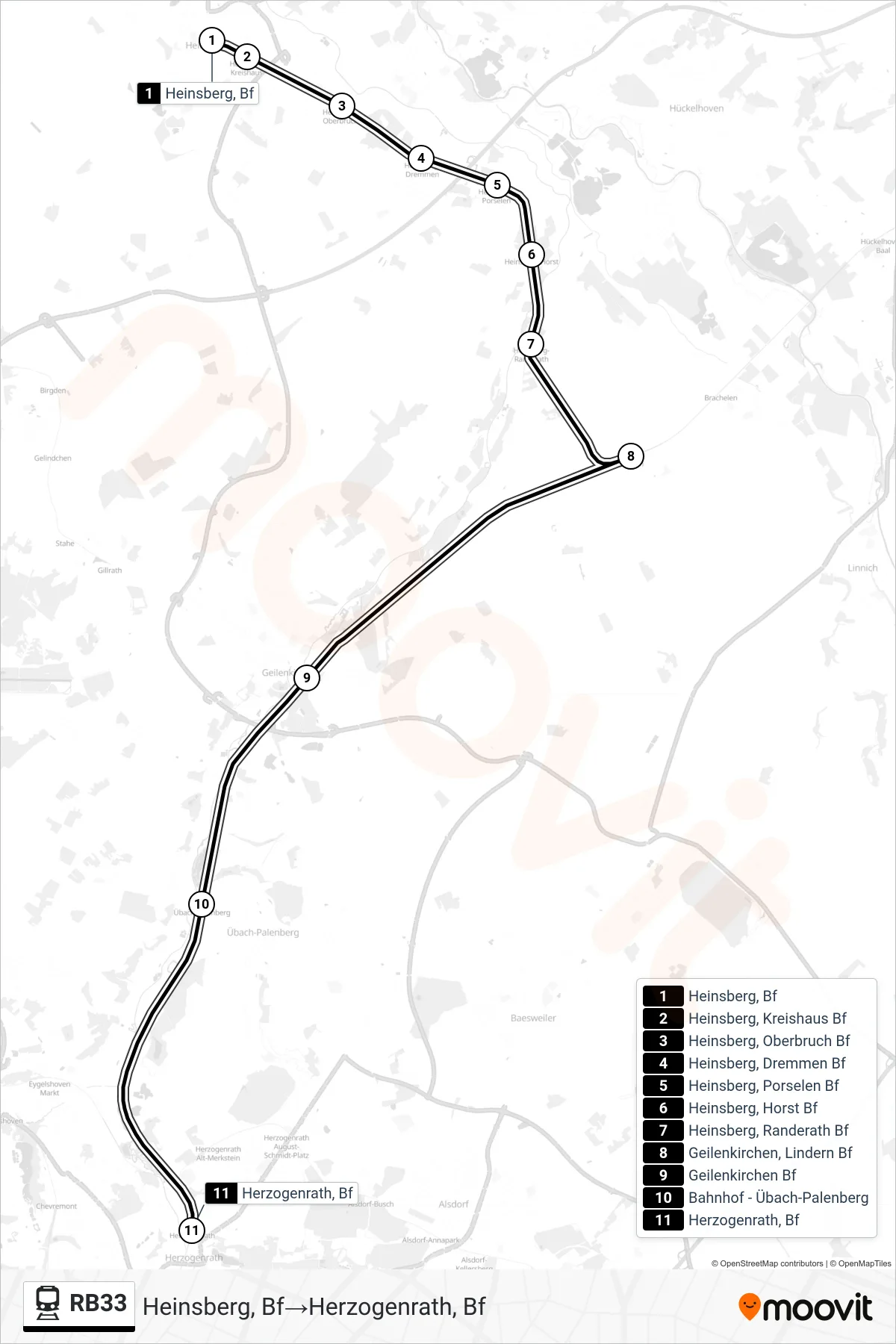 Linie RB33 (Bahn) Richtung Heinsberg, Bf‎→Herzogenrath, Bf: Route und Haltestellen auf der Karte
