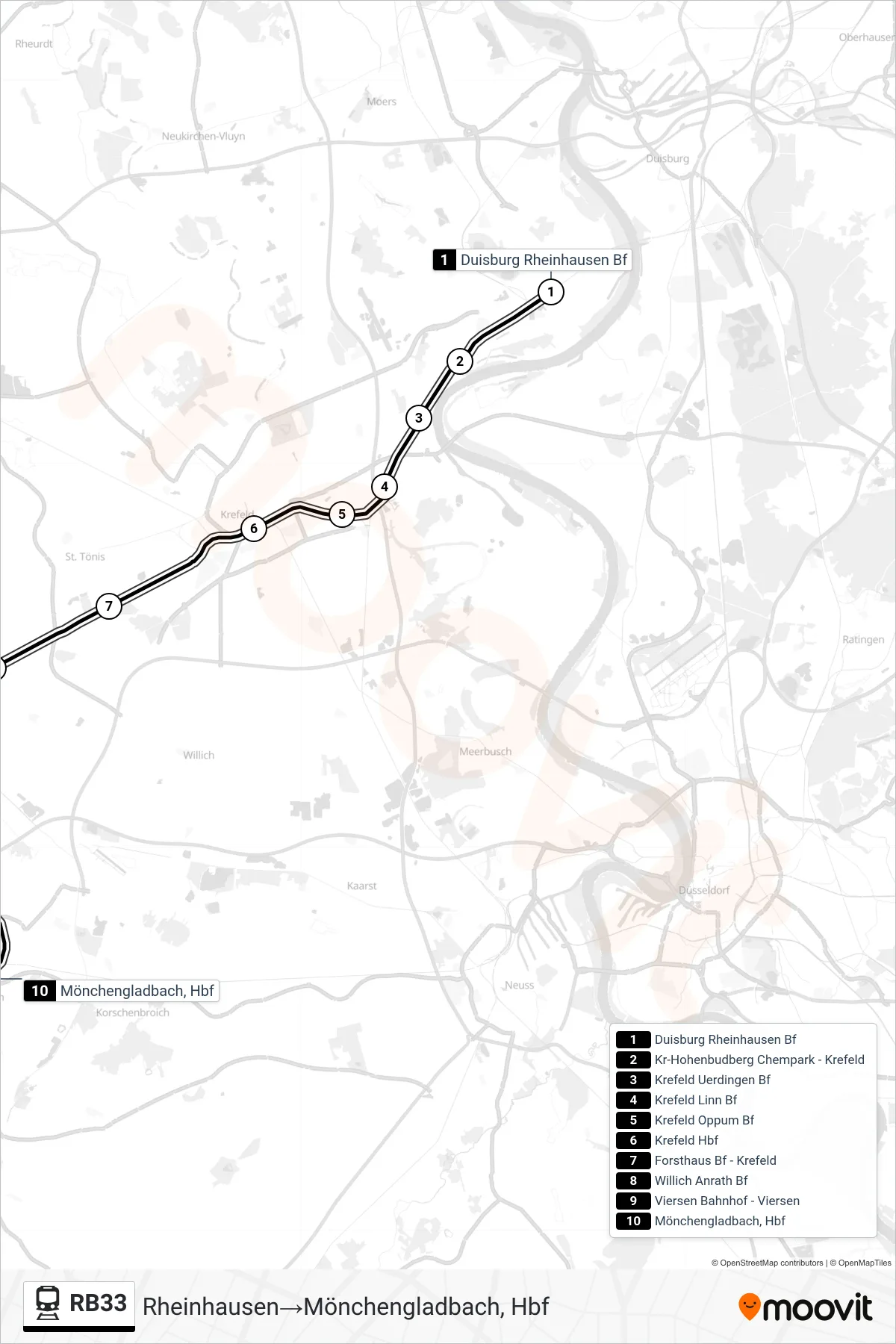 Linie RB33 (Bahn) Richtung Rheinhausen‎→Mönchengladbach, Hbf: Route und Haltestellen auf der Karte
