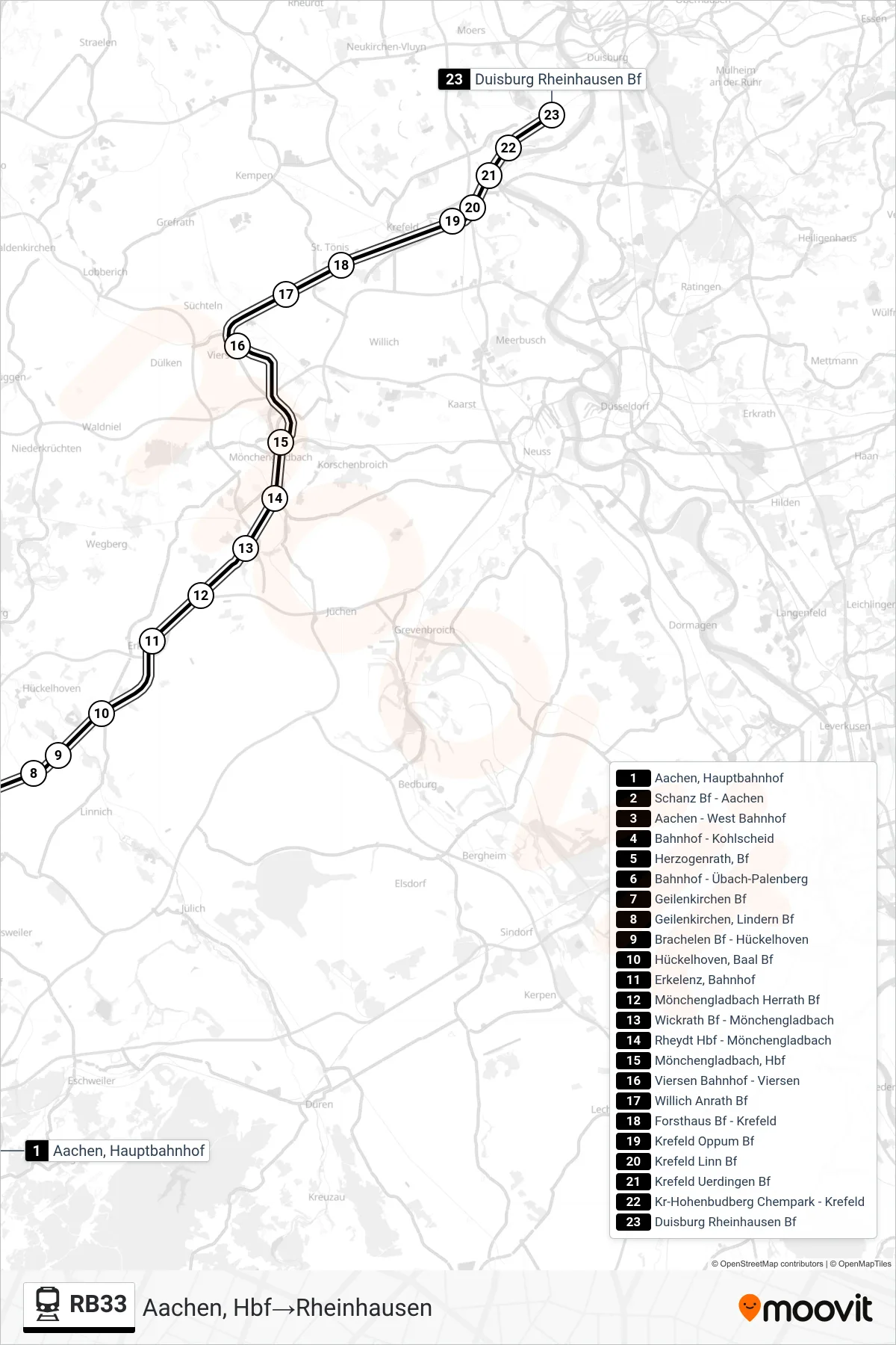 Linie RB33 (Bahn) Richtung Aachen, Hbf→Rheinhausen: Route und Haltestellen auf der Karte