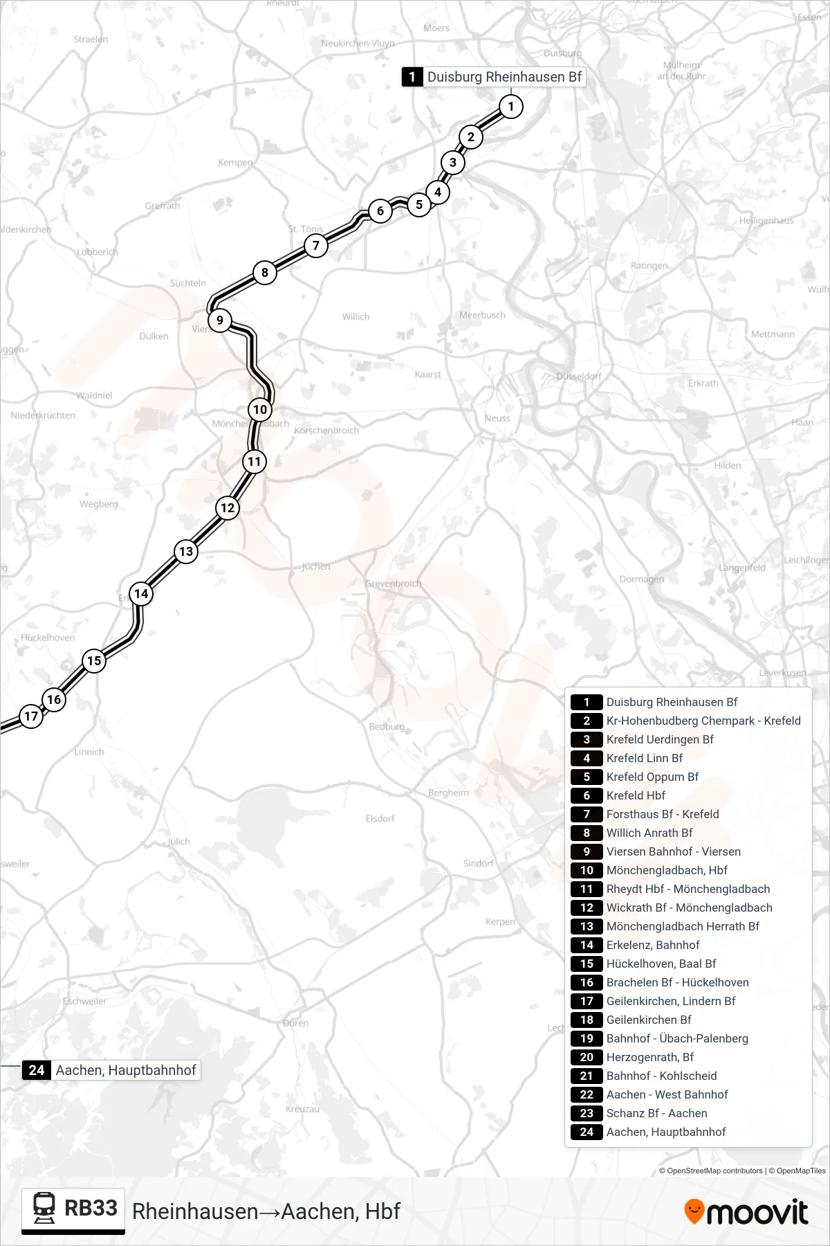 Linie RB33 (Bahn) Richtung Rheinhausen→Aachen, Hbf: Route und Haltestellen auf der Karte