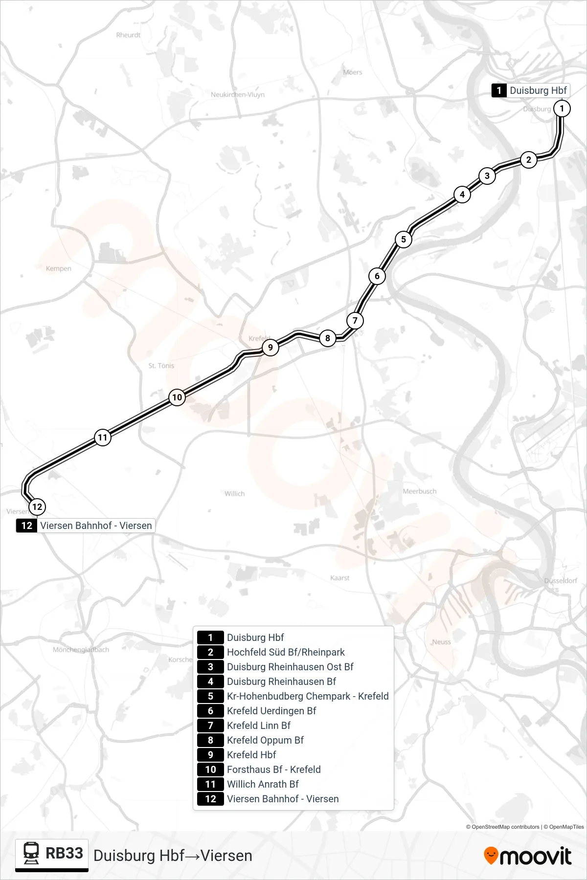 Linie RB33 (Bahn) Richtung Duisburg Hbf‎→Viersen: Route und Haltestellen auf der Karte