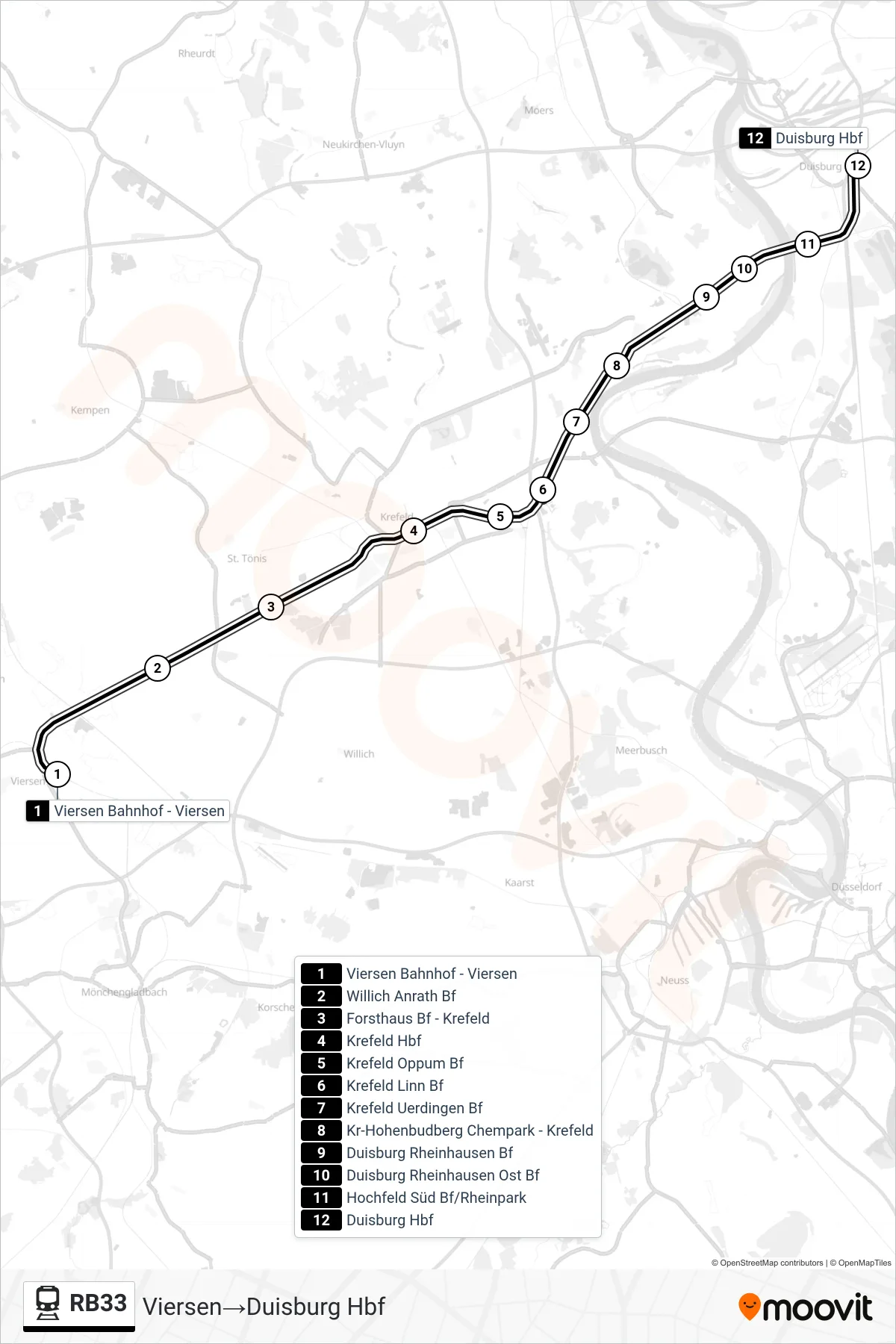 Linie RB33 (Bahn) Richtung Viersen→Duisburg Hbf: Route und Haltestellen auf der Karte