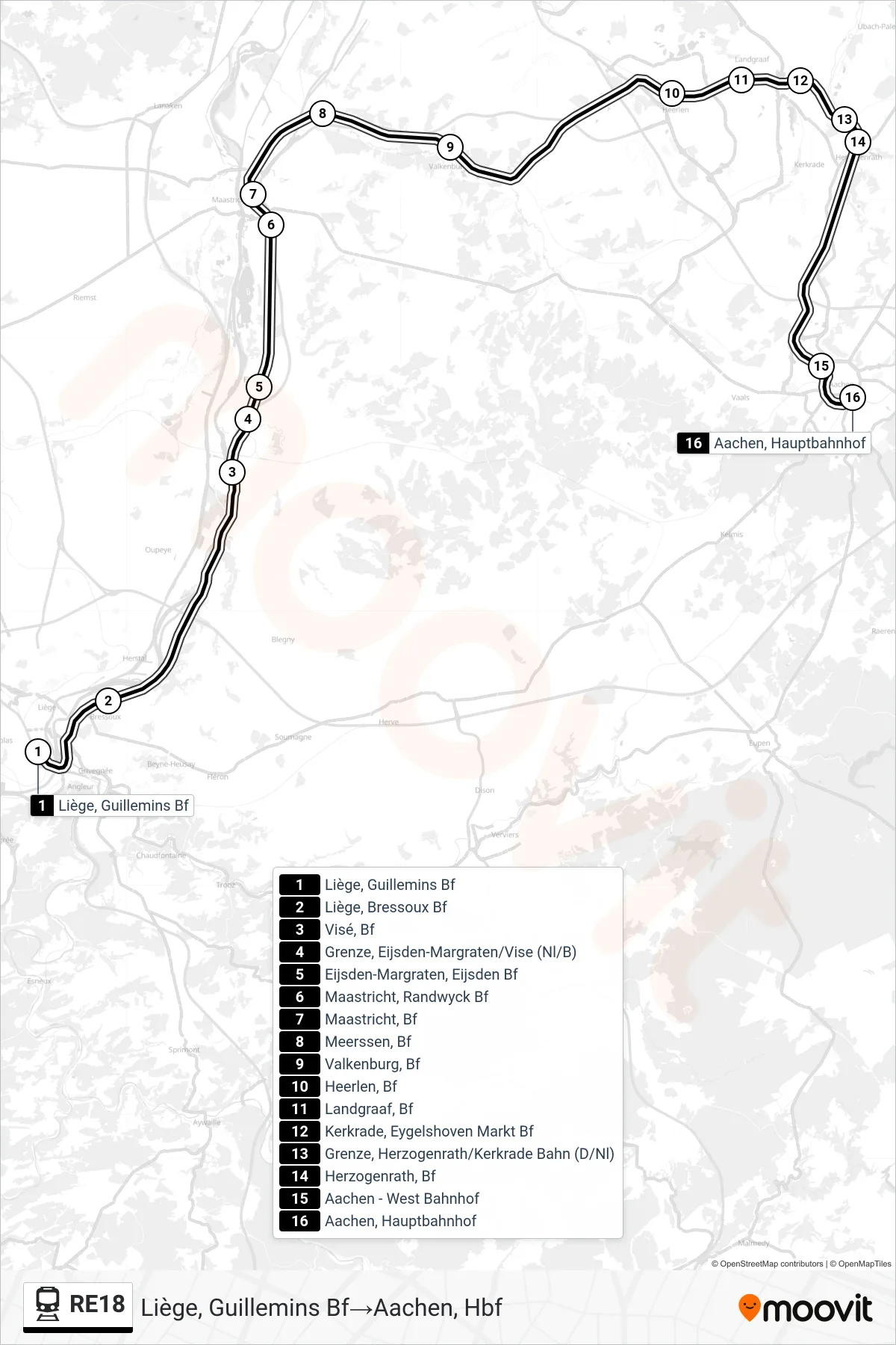 Linie RE18 (Bahn) Richtung Liège, Guillemins Bf→Aachen, Hbf: Route und Haltestellen auf der Karte