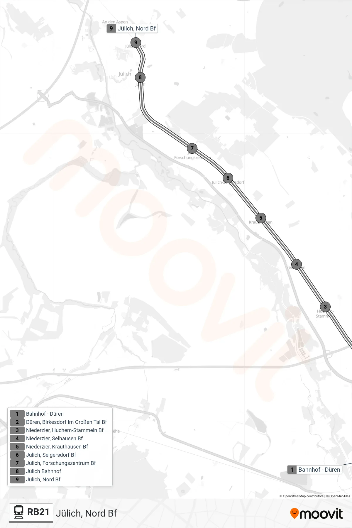 Linie RB21 (Bahn) Richtung Jülich, Nord Bf: Route und Haltestellen auf der Karte