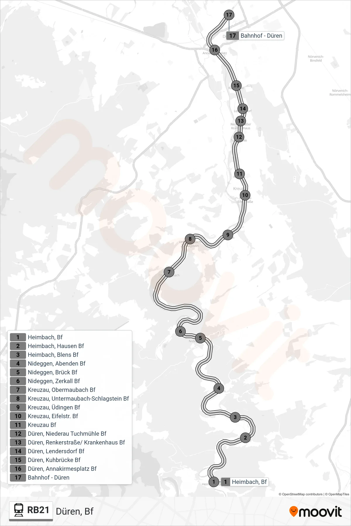 Linie RB21 (Bahn) Richtung Düren, Bf: Route und Haltestellen auf der Karte