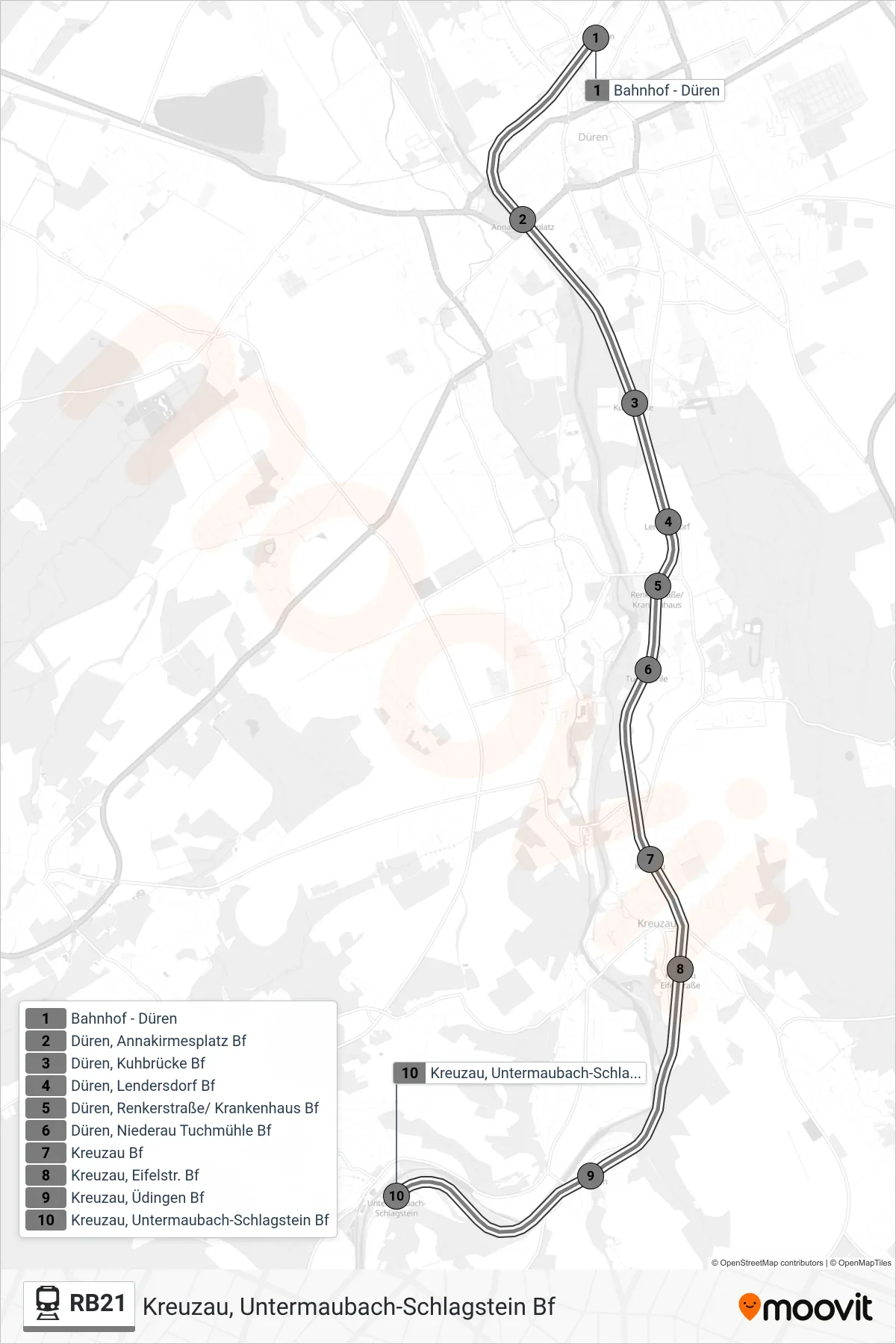 Linie RB21 (Bahn) Richtung Kreuzau, Untermaubach-Schlagstein Bf: Route und Haltestellen auf der Karte