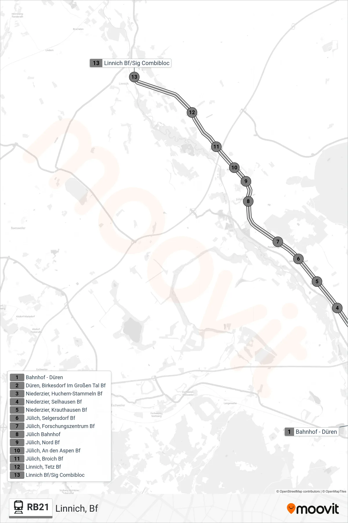 Linie RB21 (Bahn) Richtung Linnich, Bf: Route und Haltestellen auf der Karte