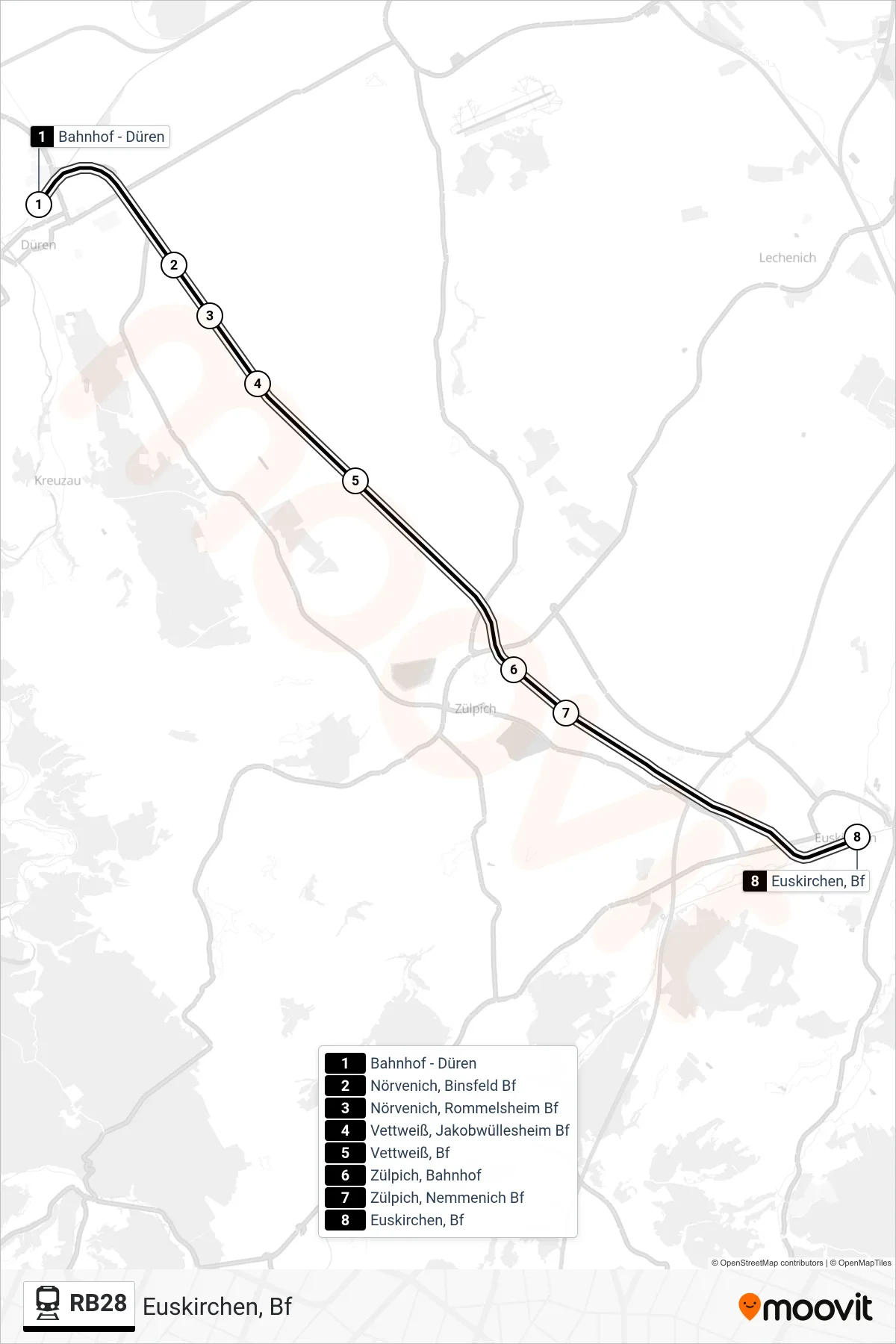 Linie RB28 (Bahn) Richtung Euskirchen, Bf: Route und Haltestellen auf der Karte