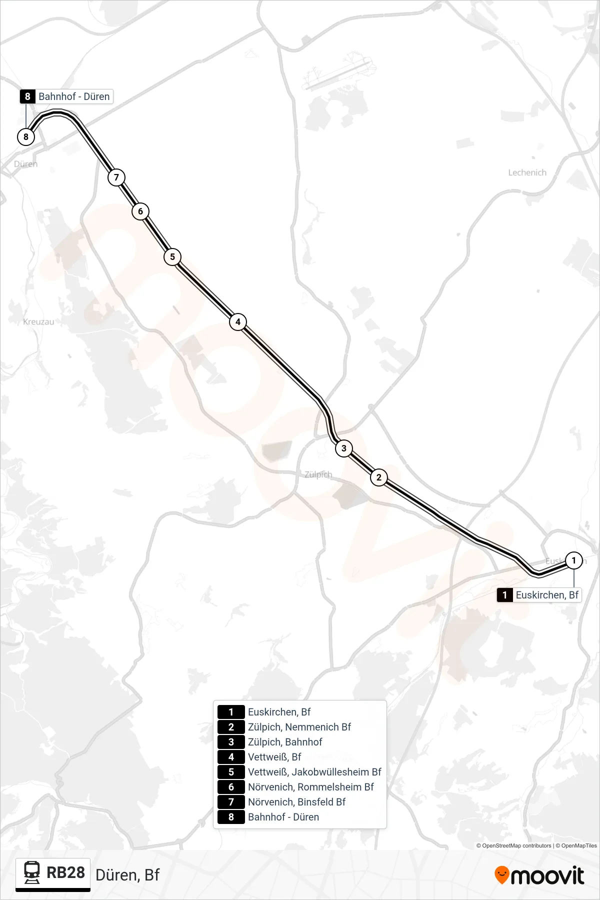 Linie RB28 (Bahn) Richtung Düren, Bf: Route und Haltestellen auf der Karte