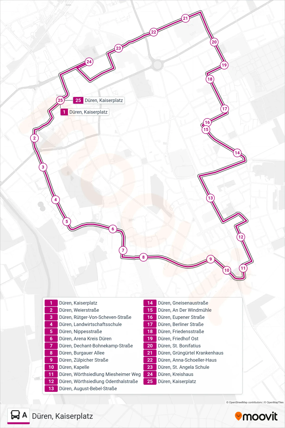 Linie A (Bus) Richtung Düren, Kaiserplatz: Route und Haltestellen auf der Karte