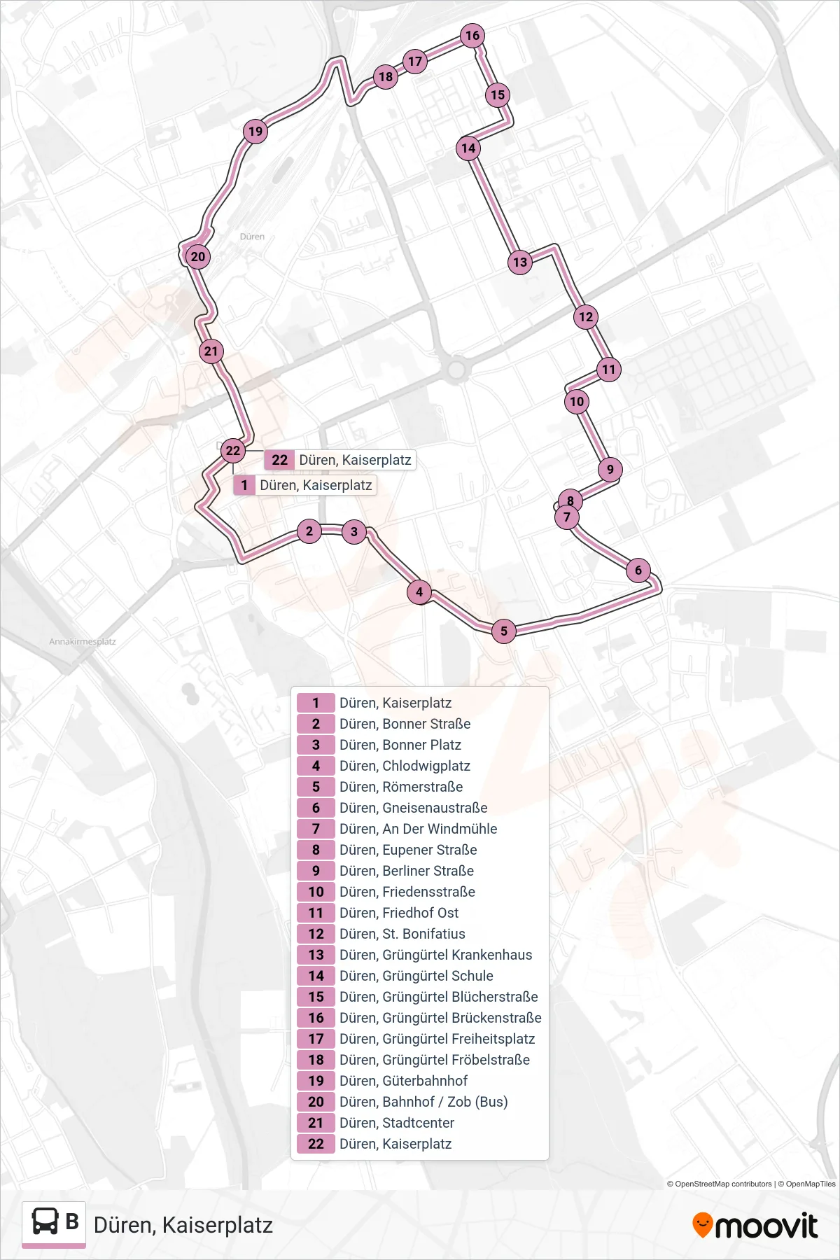 Linie B (Bus) Richtung Düren, Kaiserplatz: Route und Haltestellen auf der Karte