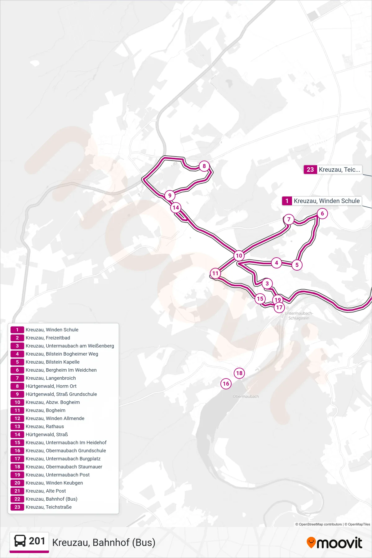Linie 201 (Bus) Richtung Kreuzau, Bahnhof (Bus): Route und Haltestellen auf der Karte