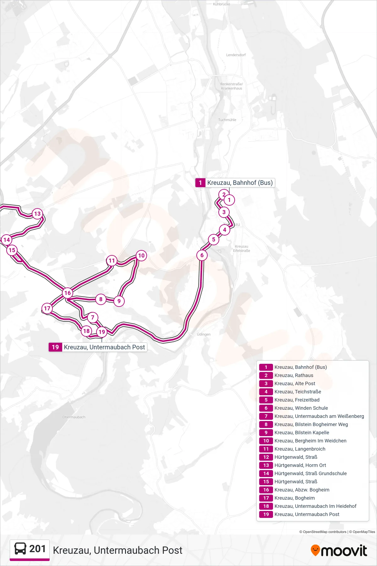 Linie 201 (Bus) Richtung Kreuzau, Untermaubach Post: Route und Haltestellen auf der Karte