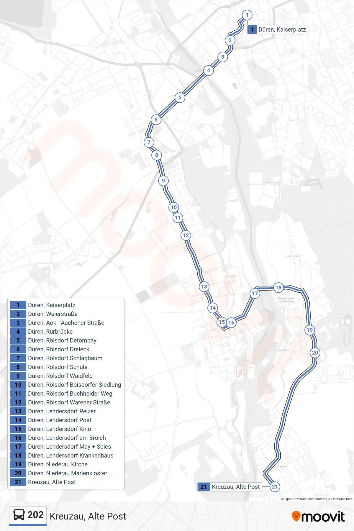 Linie 202 (Bus) Richtung Kreuzau, Alte Post: Route und Haltestellen auf der Karte
