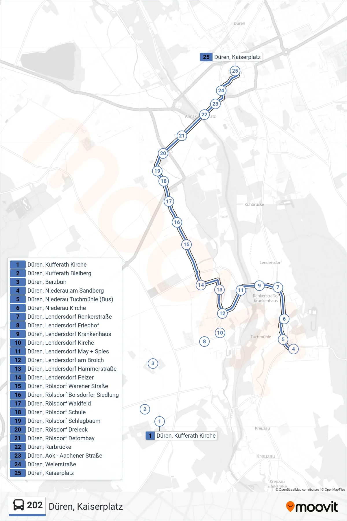 Linie 202 (Bus) Richtung Düren, Kaiserplatz: Route und Haltestellen auf der Karte