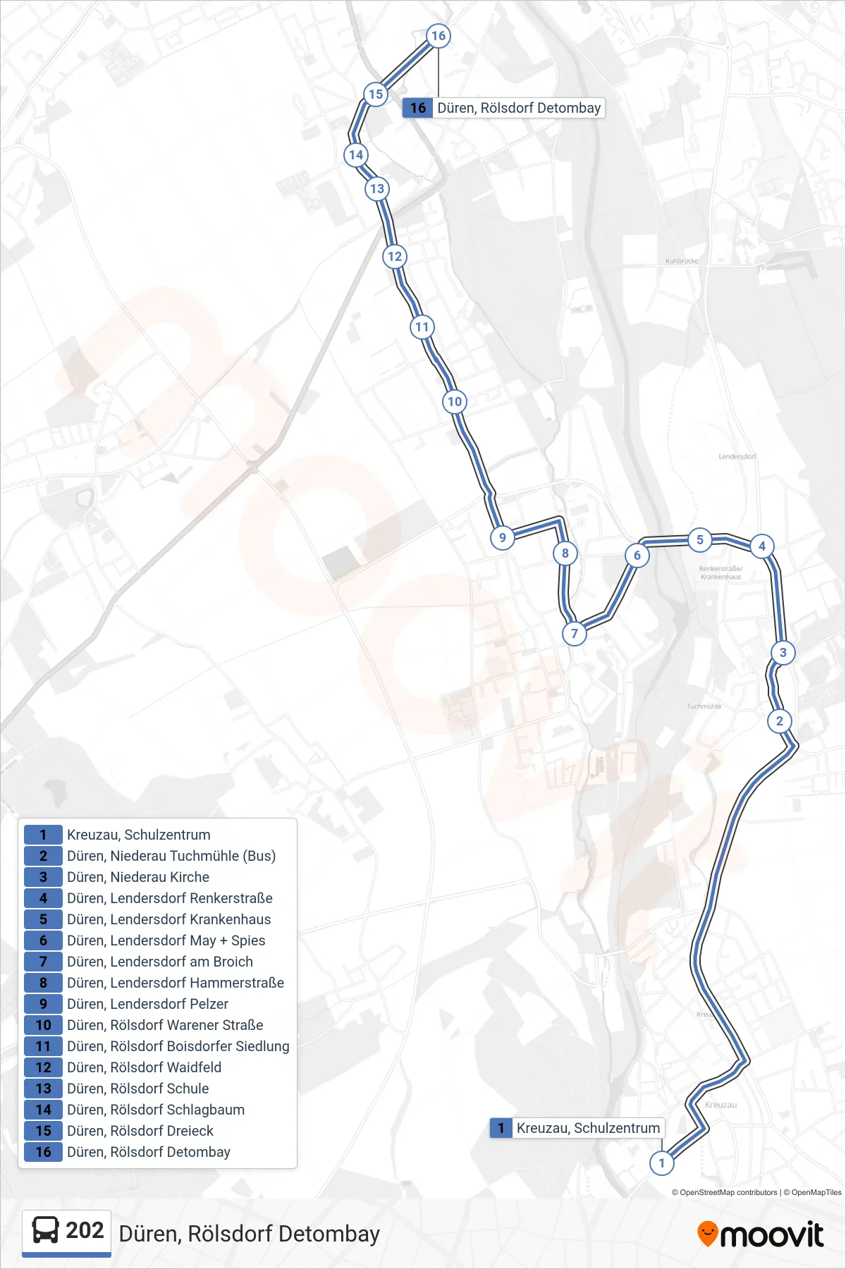 Linie 202 (Bus) Richtung Düren, Rölsdorf Detombay: Route und Haltestellen auf der Karte