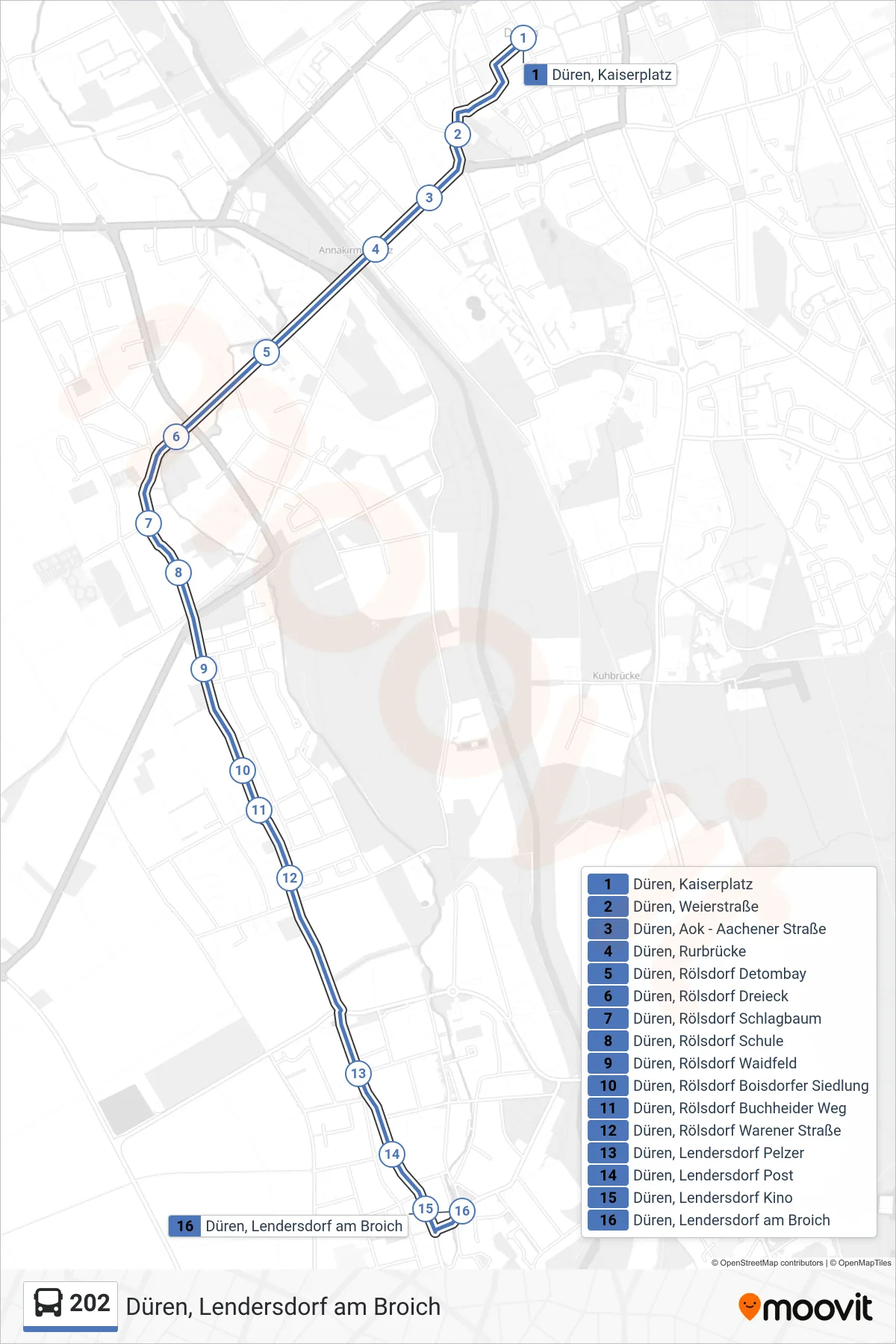 Linie 202 (Bus) Richtung Düren, Lendersdorf am Broich: Route und Haltestellen auf der Karte