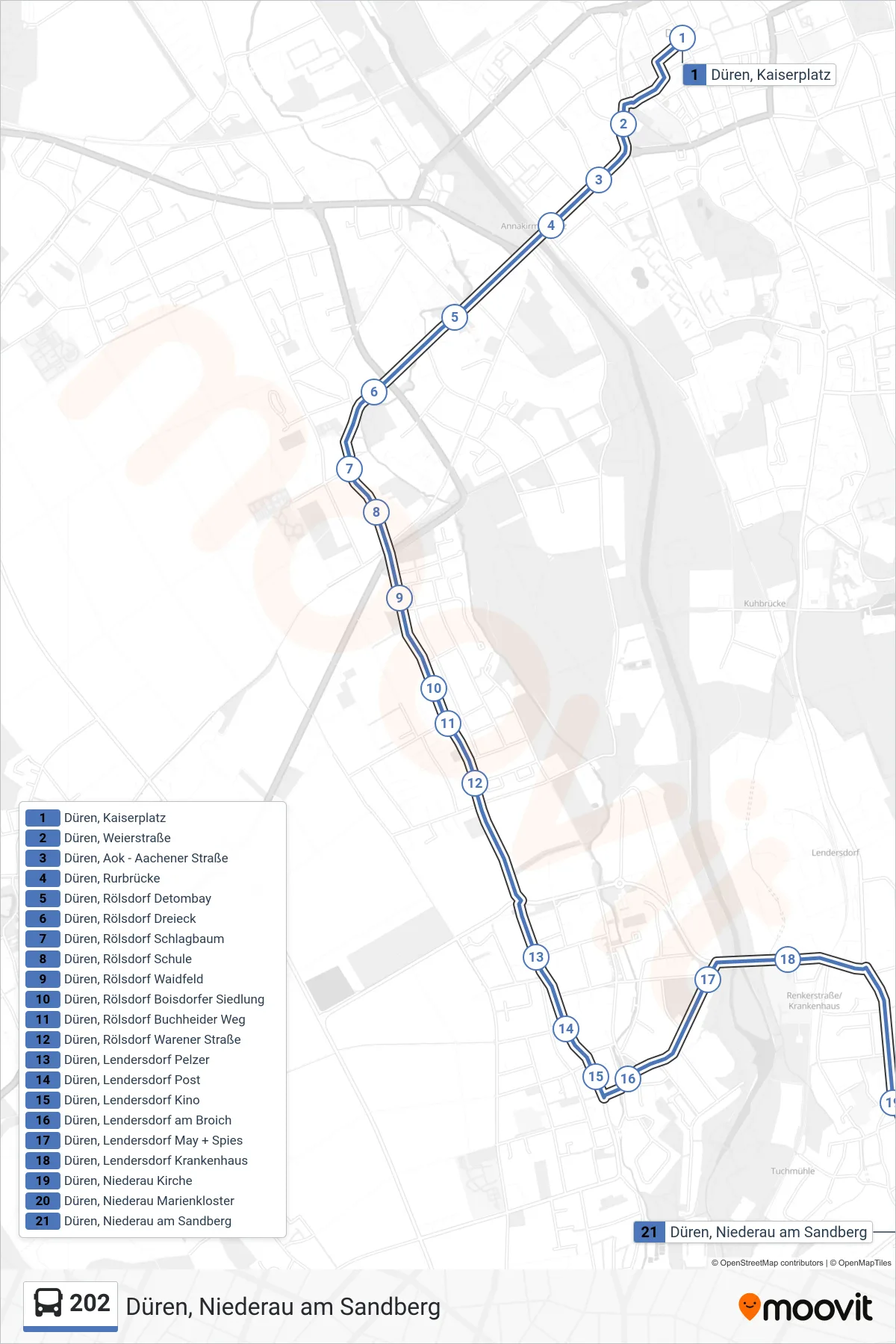 Linie 202 (Bus) Richtung Düren, Niederau am Sandberg: Route und Haltestellen auf der Karte