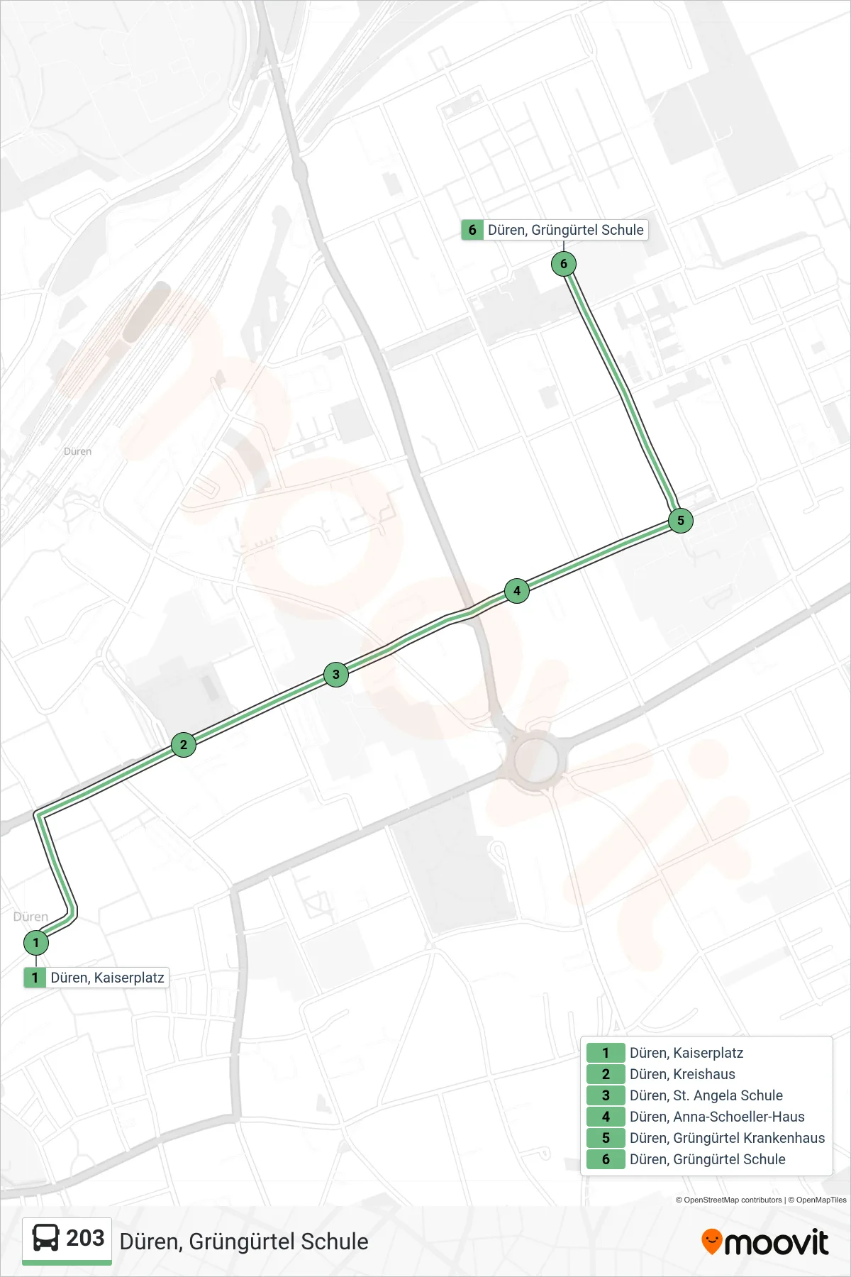 203 bus Line (Düren, Grüngürtel Schule) route and stops on a map