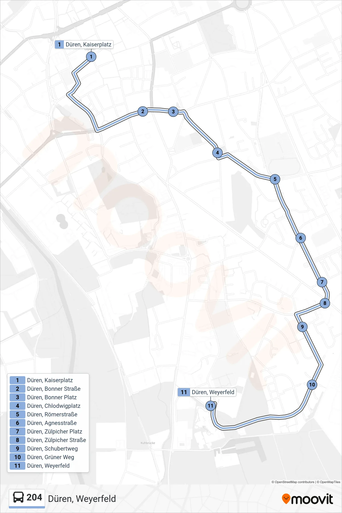Linie 204 (Bus) Richtung Düren, Weyerfeld: Route und Haltestellen auf der Karte