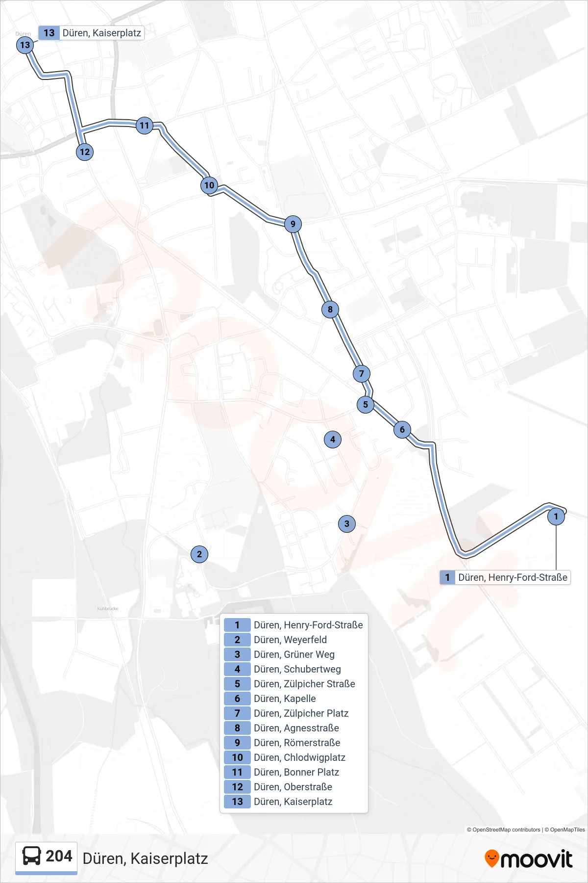 Linie 204 (Bus) Richtung Düren, Kaiserplatz: Route und Haltestellen auf der Karte