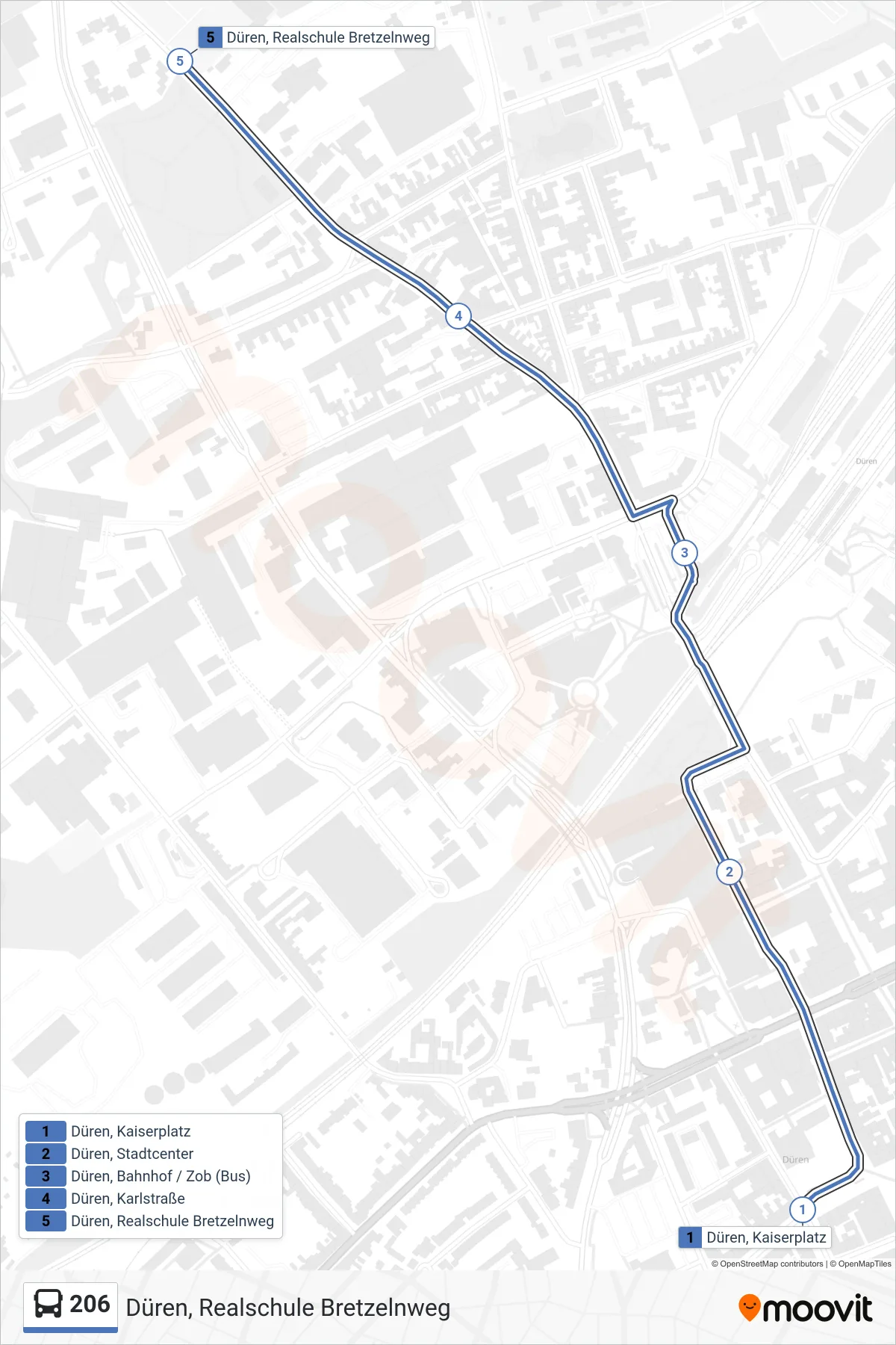 Linie 206 (Bus) Richtung Düren, Realschule Bretzelnweg: Route und Haltestellen auf der Karte