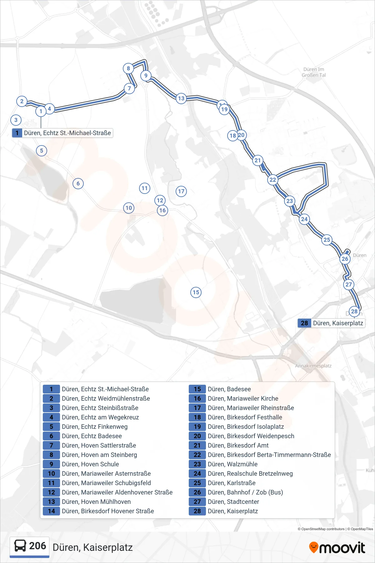 Linie 206 (Bus) Richtung Düren, Kaiserplatz: Route und Haltestellen auf der Karte