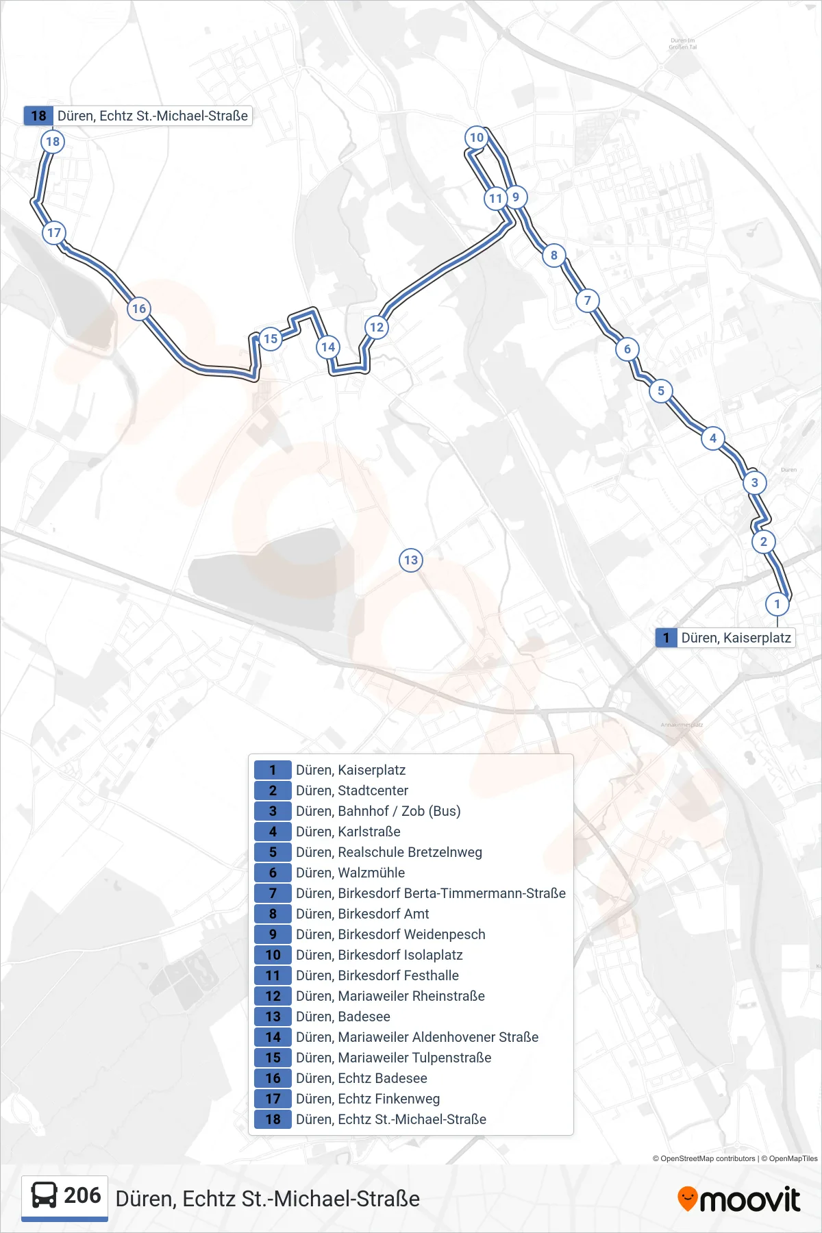Linie 206 (Bus) Richtung Düren, Echtz St.-Michael-Straße: Route und Haltestellen auf der Karte