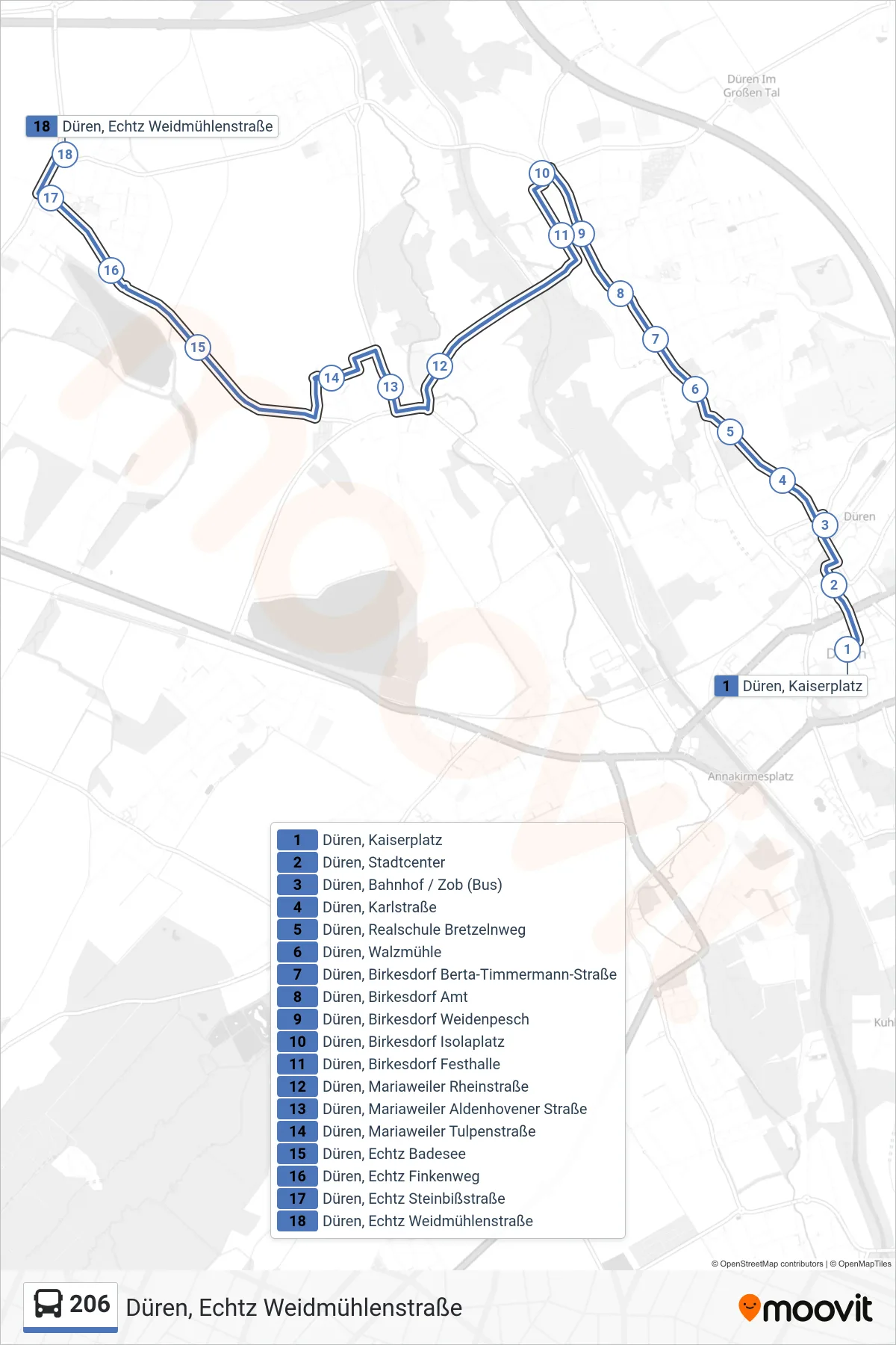 Linie 206 (Bus) Richtung Düren, Echtz Weidmühlenstraße: Route und Haltestellen auf der Karte