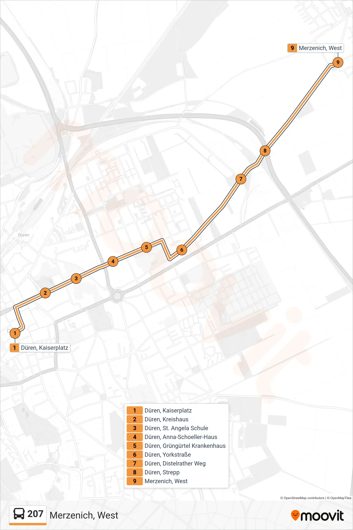 Linie 207 (Bus) Richtung Merzenich, West: Route und Haltestellen auf der Karte