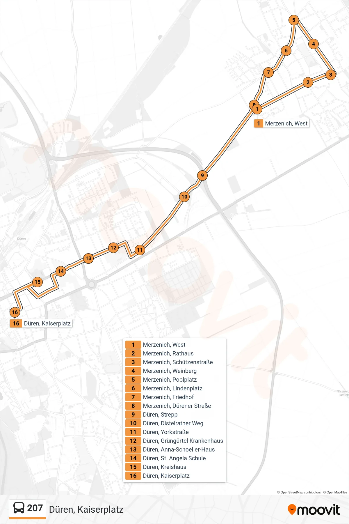 207 bus Line (Düren, Kaiserplatz) route and stops on a map
