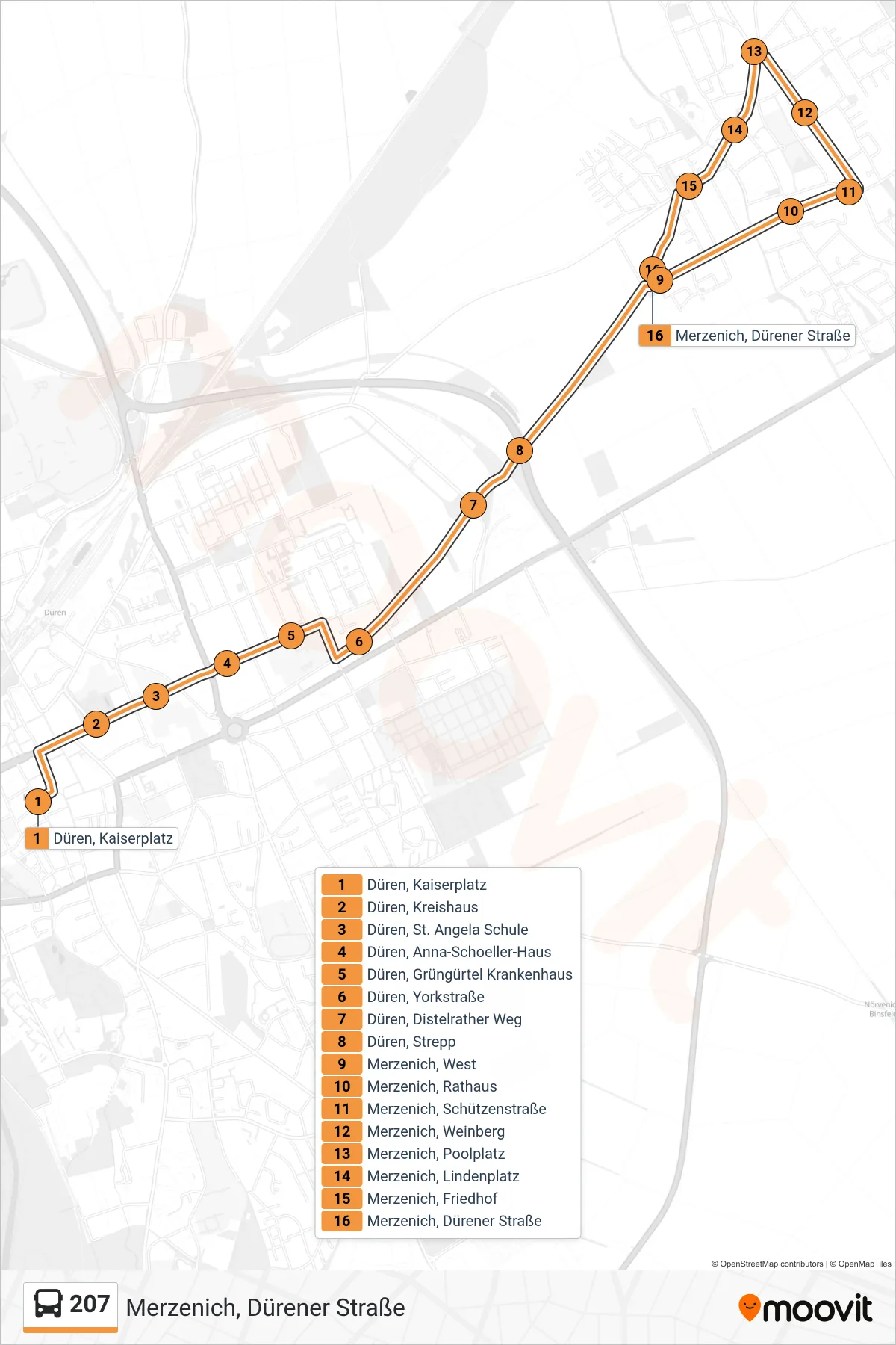 Linie 207 (Bus) Richtung Merzenich, Dürener Straße: Route und Haltestellen auf der Karte