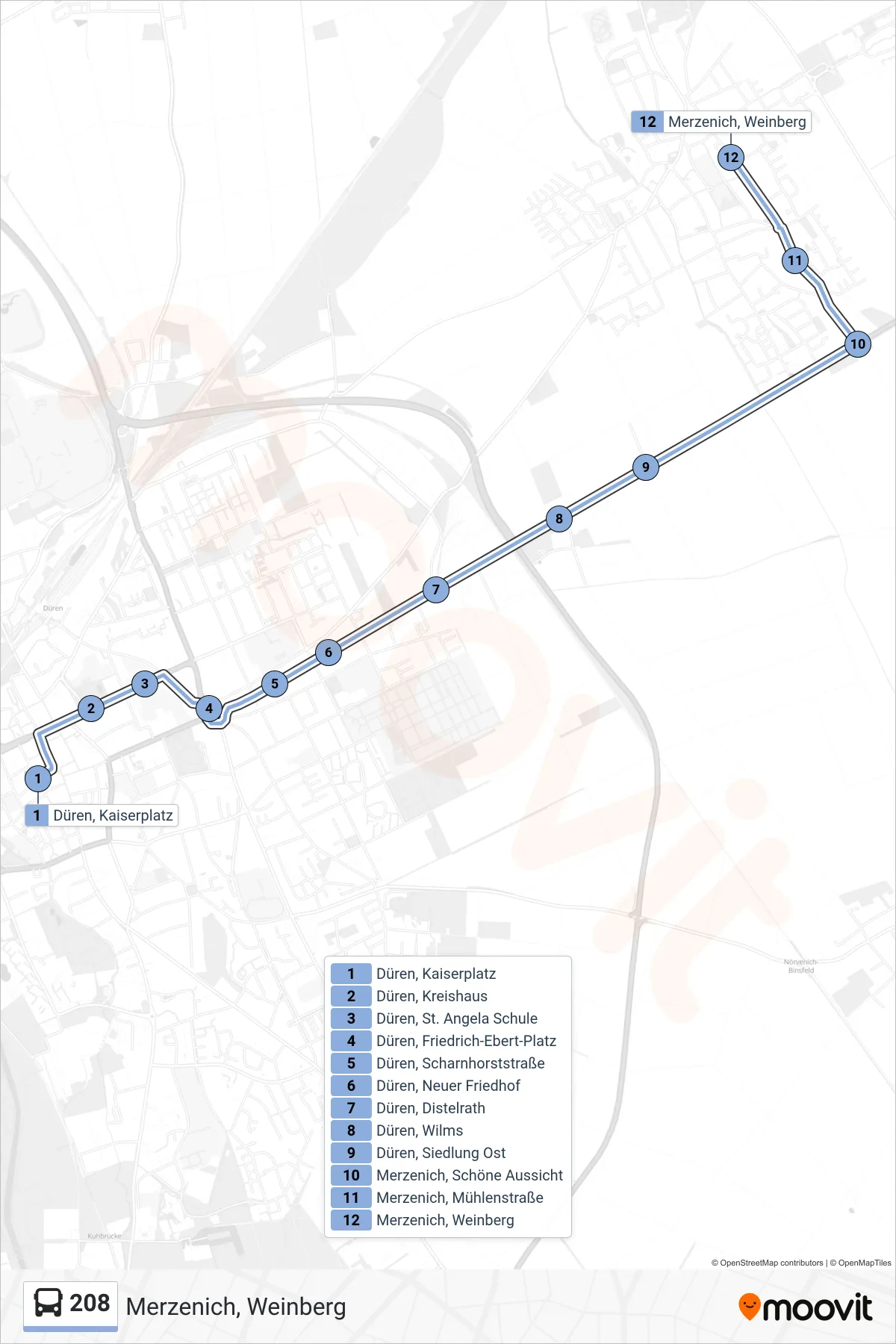 Linie 208 (Bus) Richtung Merzenich, Weinberg: Route und Haltestellen auf der Karte
