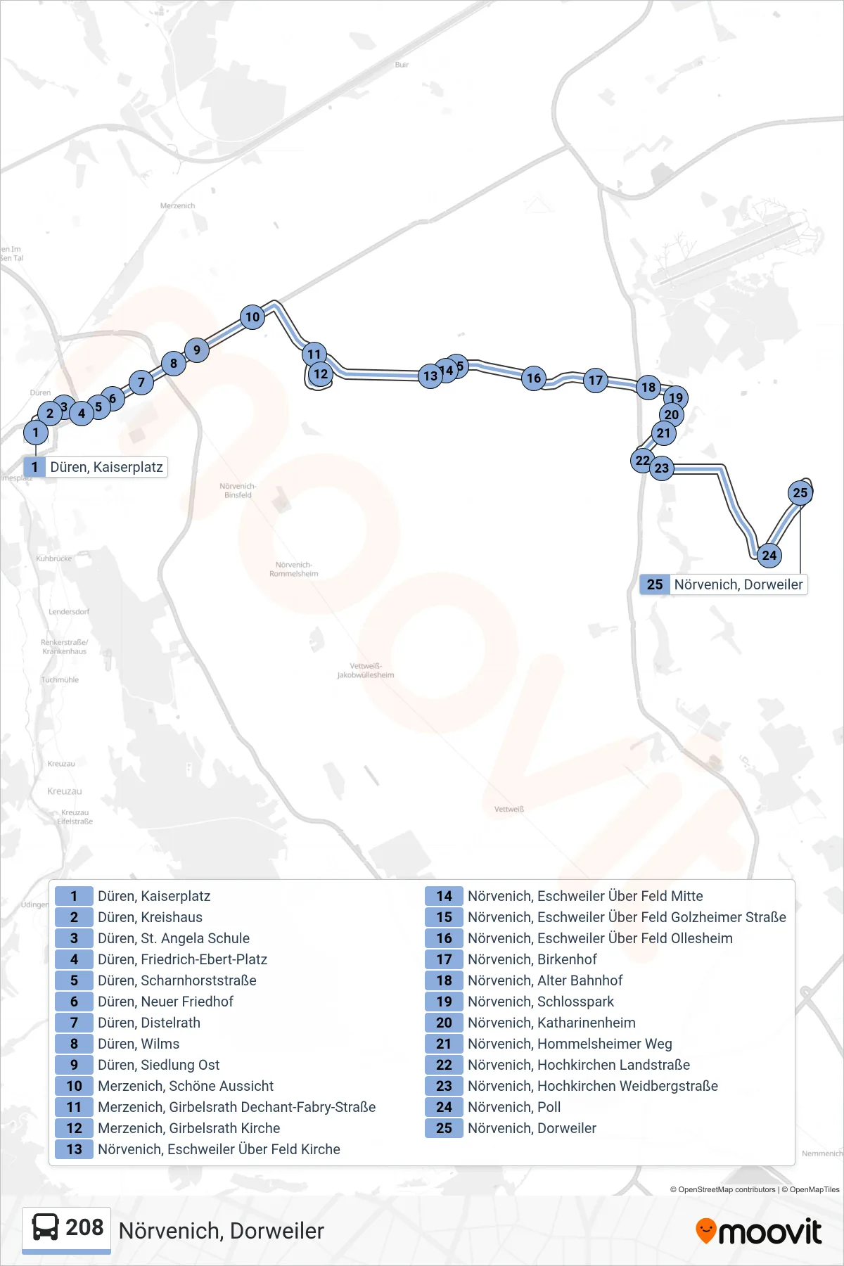 Linie 208 (Bus) Richtung Nörvenich, Dorweiler: Route und Haltestellen auf der Karte