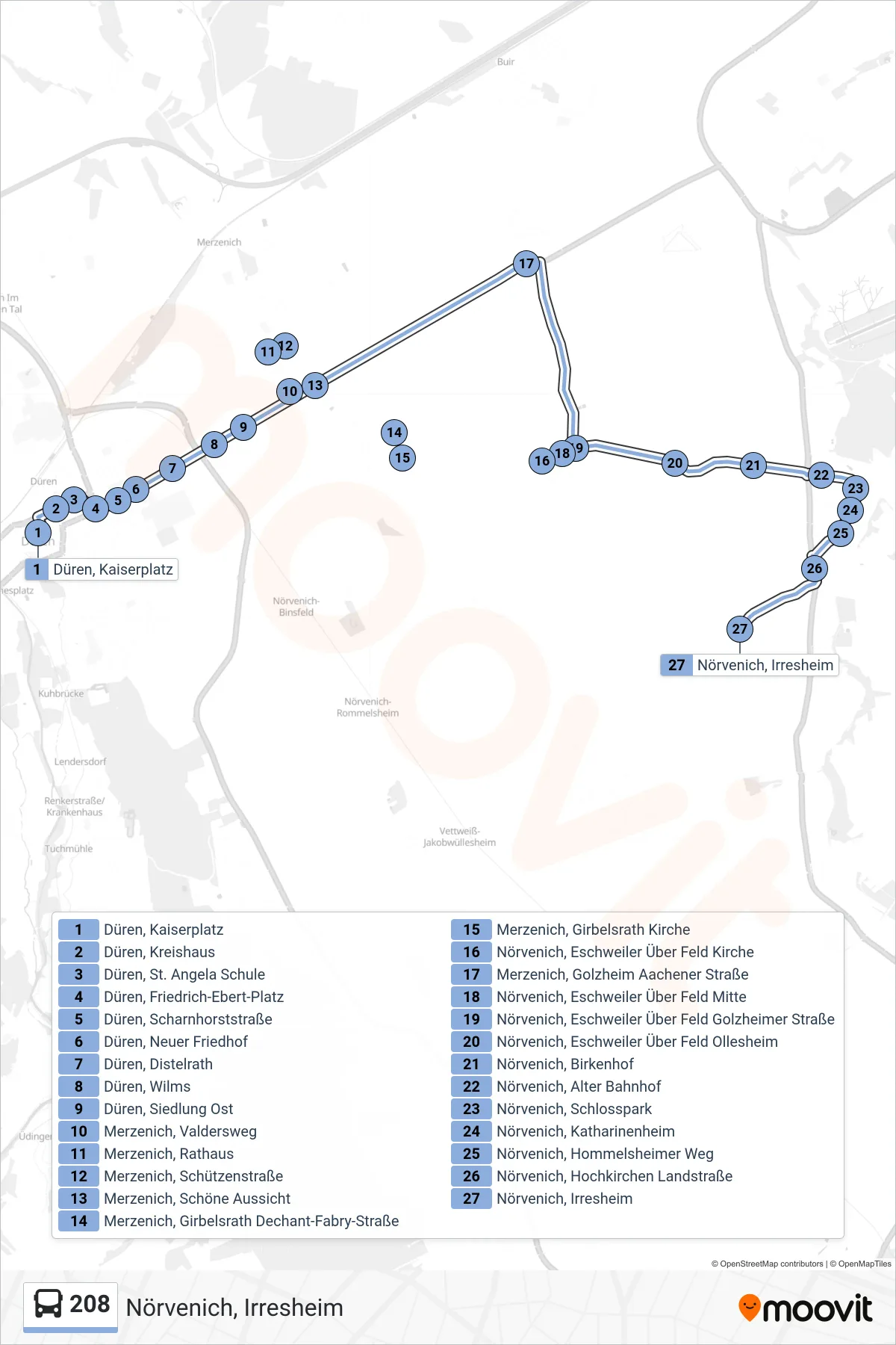 Linie 208 (Bus) Richtung Nörvenich, Irresheim: Route und Haltestellen auf der Karte
